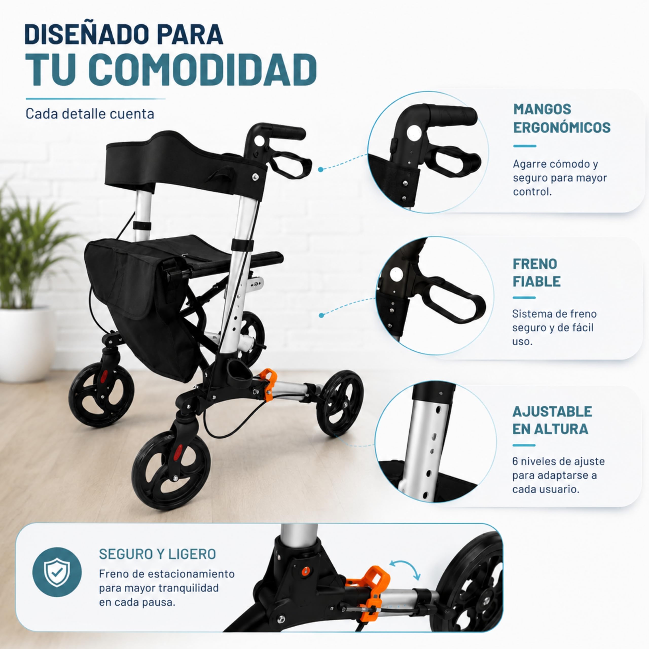 Andador MA08 plegable con asiento y respaldo, 4 Ruedas/Frenos/Saco de Compra y Porta Bastón, Altura Ajustable 83-96cm, Andador, Carro, Rollator para Ancianos MODELO MA08