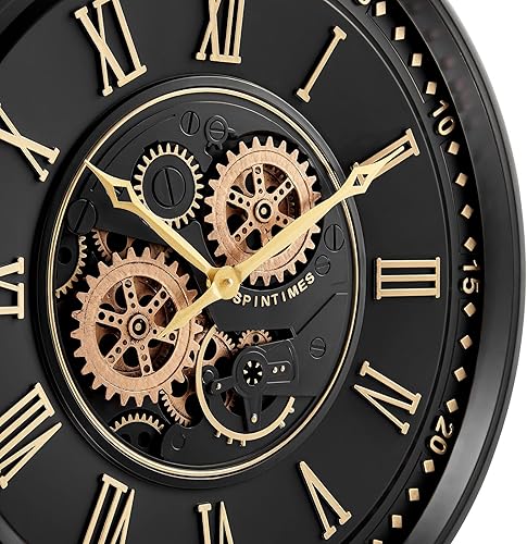 Miniatura 5 de CLXEAST Reloj de pared de 24 pulgadas con engranajes en movimiento, relojes de pared dorados negros con números romanos para decoración moderna