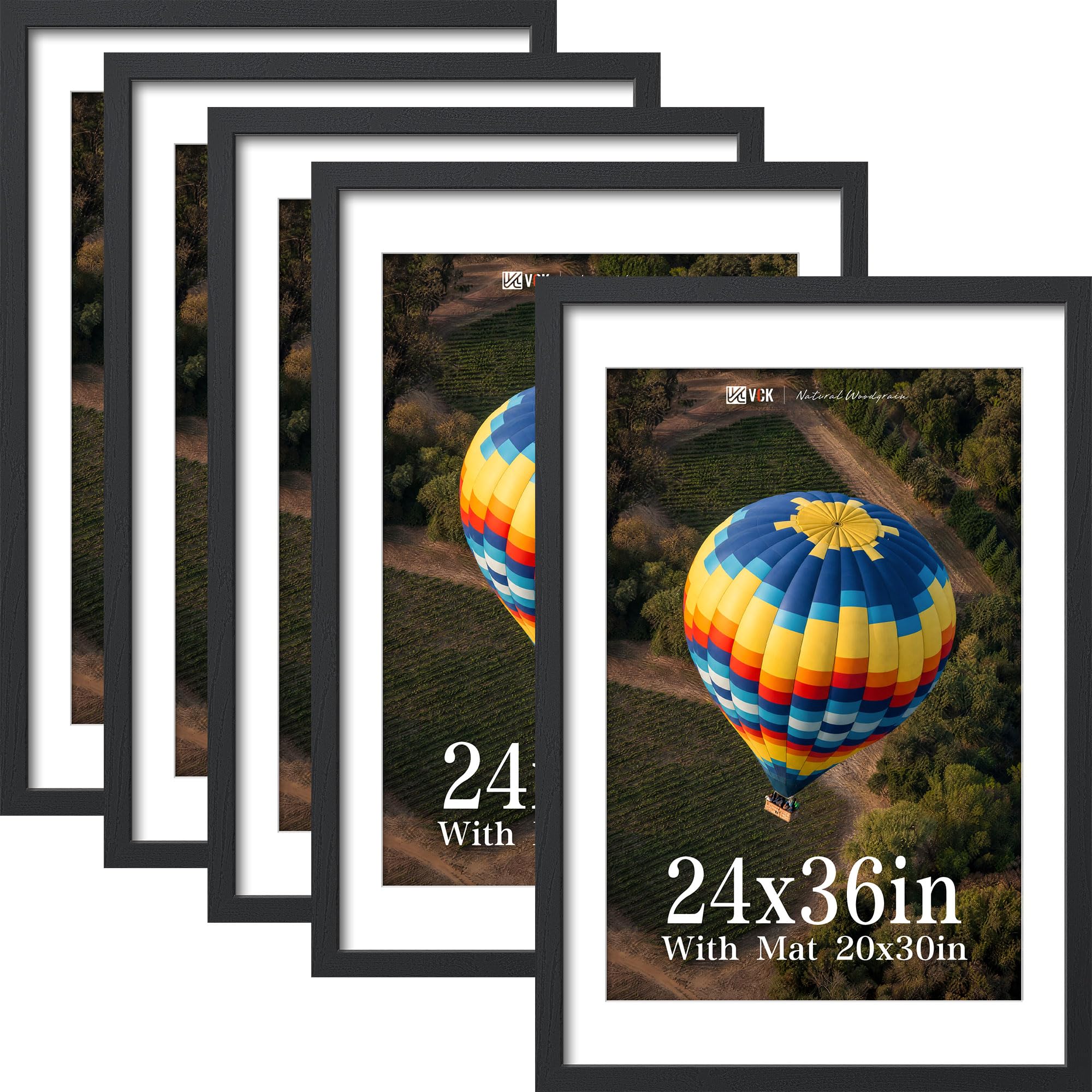 VCK 24x36 Frame 5 Pack, Black Exclusive Wood 20x30 Mat, for Picture