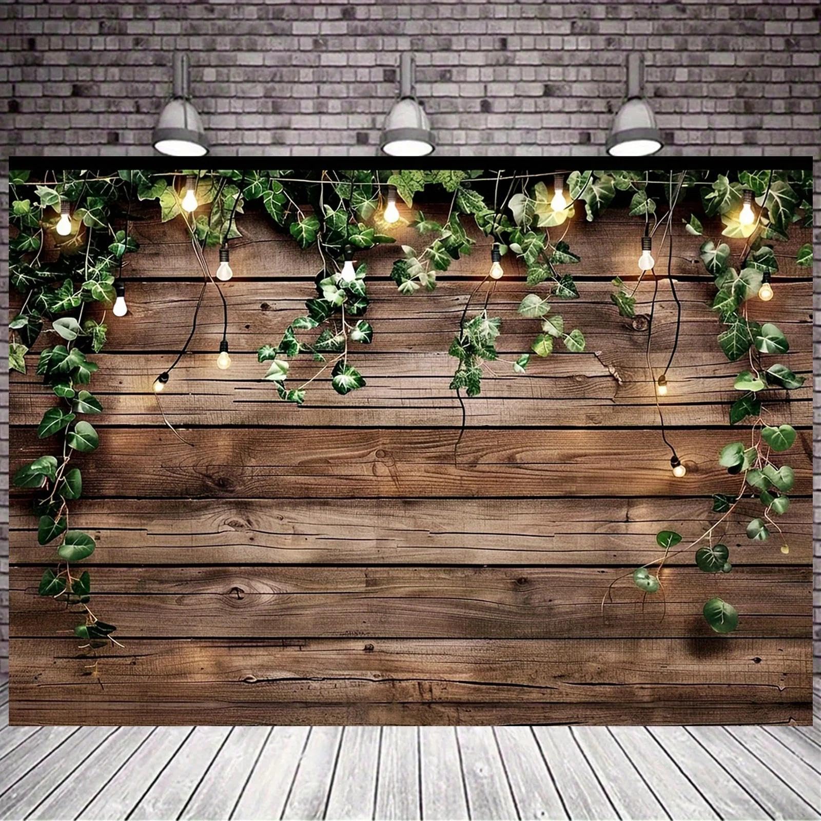 1 Banner de Fondo de Pared de Madera de Estilo Rural con Plantas Verdes e iluminación Disponible en Varios tamaños