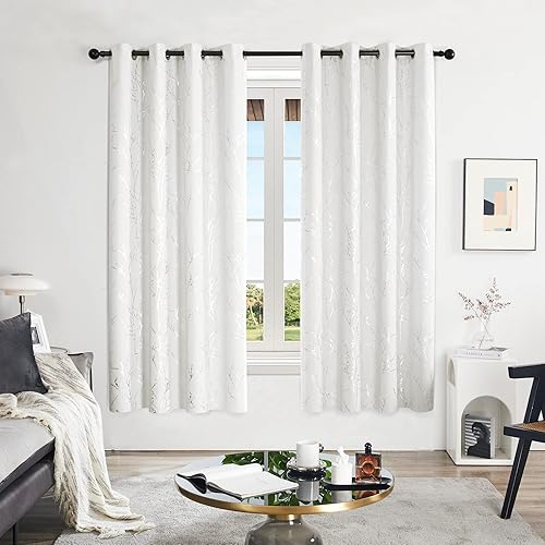 Miniatura 2 de Deconovo Cortinas  Estampado de ramas en flor plateadas, aislamiento térmico, reducción de ruido, cortinas de privacidad para dormitorio y sala de