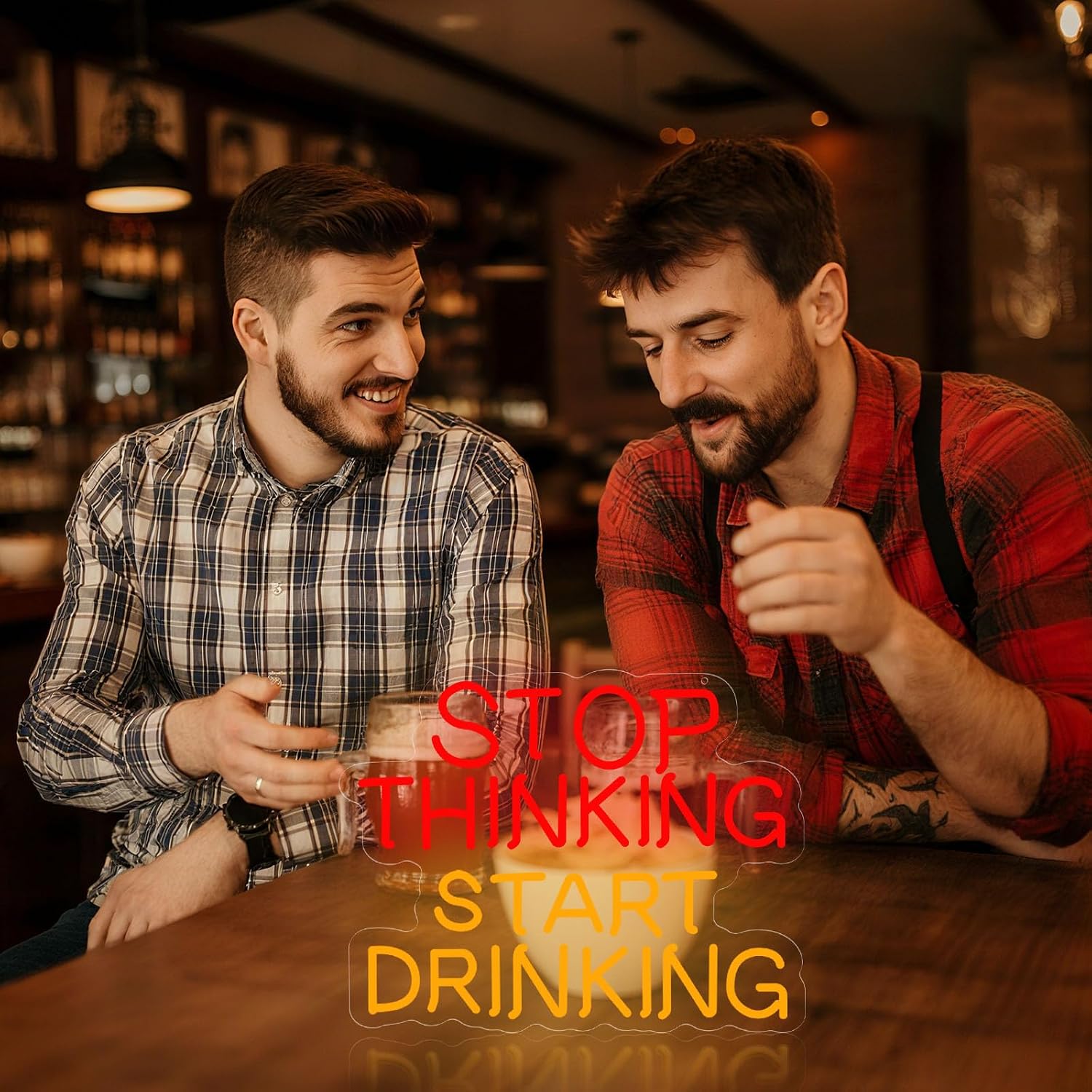 Stop Thinking Start Drinking Neon Sign, Neon Light Sign LED Letter Neon Lights for Wall Decor, USB Neon Bar Sign for Party Club Party Club Restaurant, Bedroom Wall Decor 17.32 x 13.78 inch