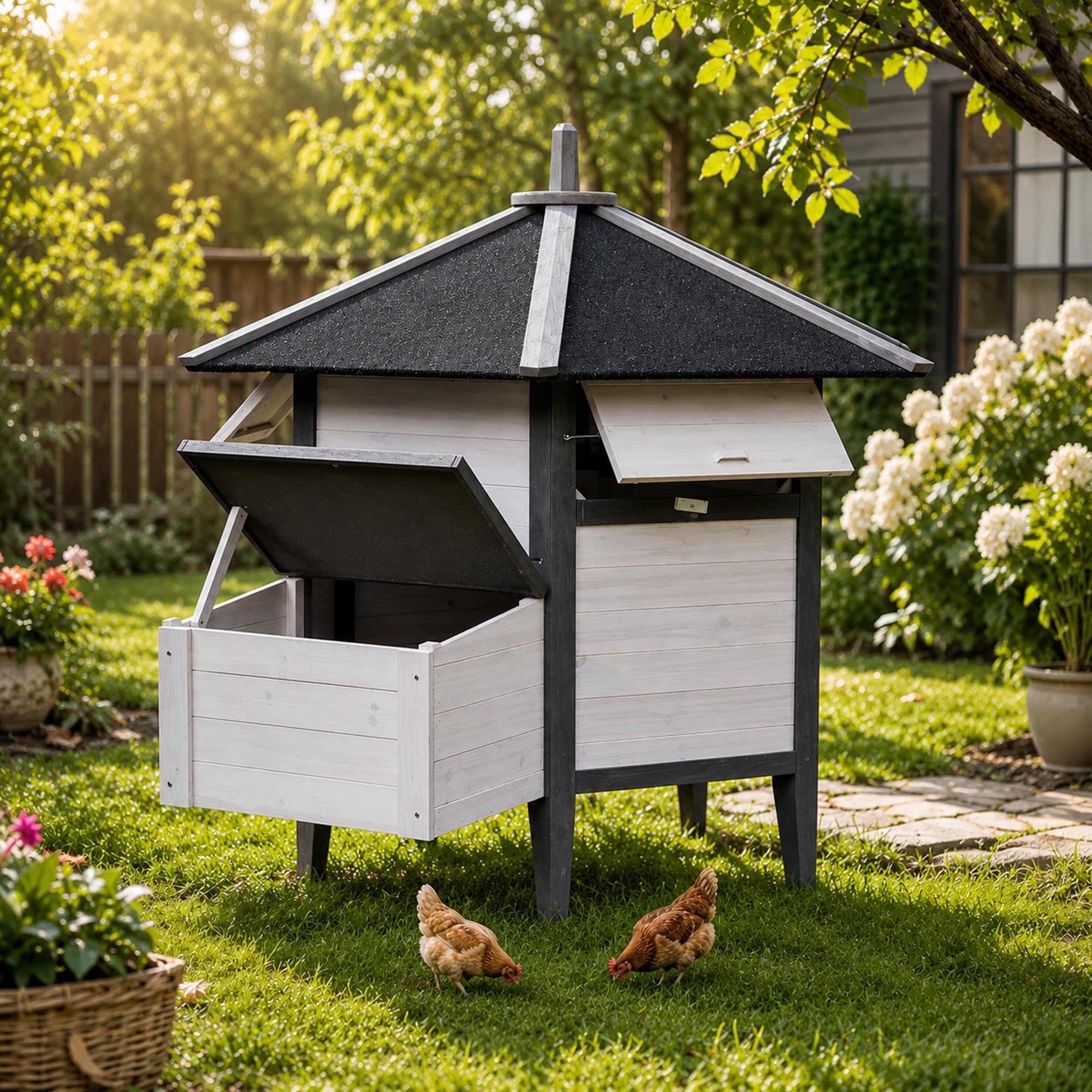 Mucola Hühnerstall Hühnerhaus 6-Eck mit Nestbox 131x125 cm Fichtenholz Grau | Geflügelstall wetterfest, 5-8 Hühner, Enten, wasserdichte Dachpappe, Legenest mit Klappdeckel, erhöhter Boden, inkl. Rampe