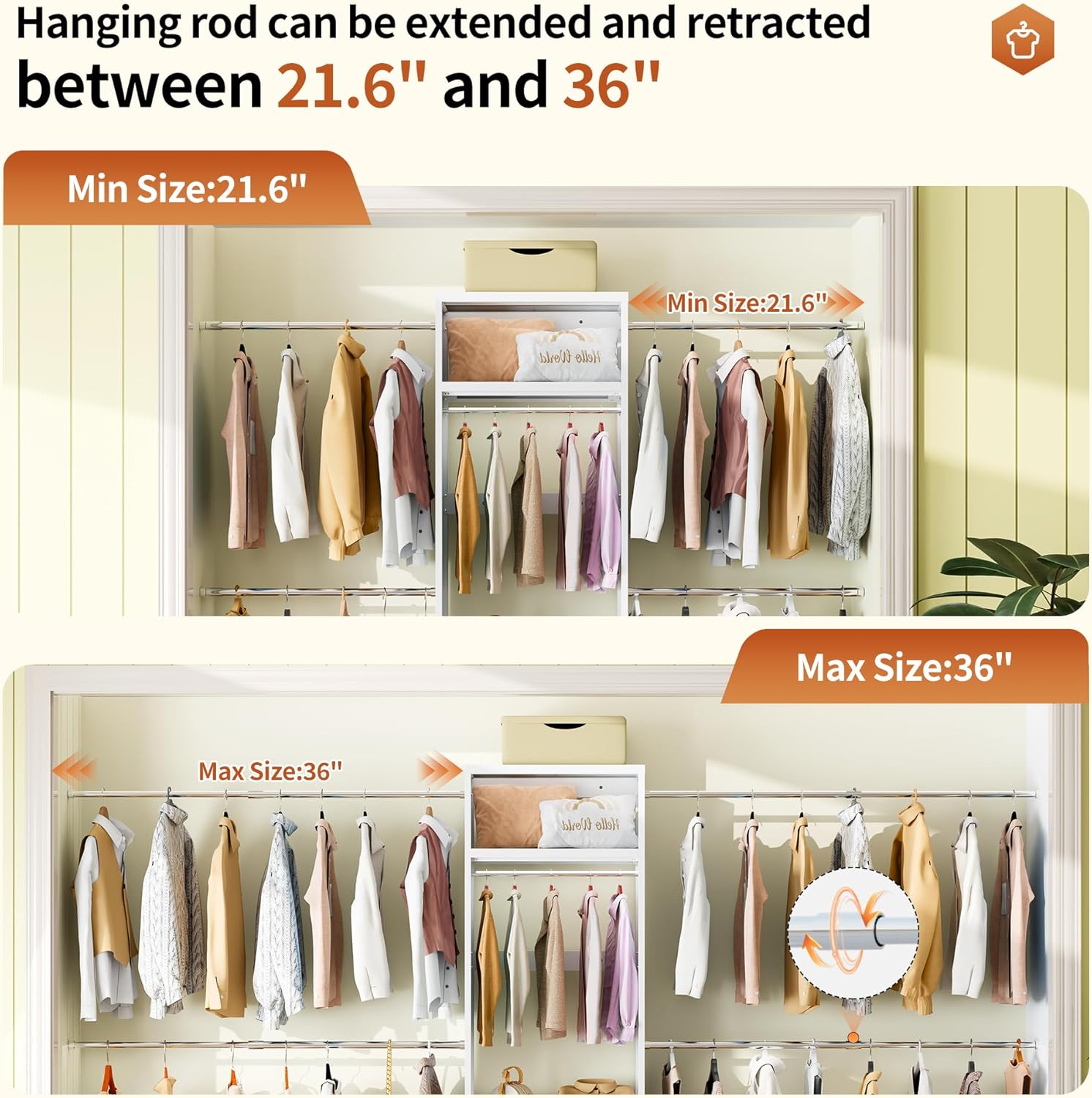 79"H Closet System, 2-8.2FT Metal Closet Organizer with 4 Expandable Hanging Rods, Walk In Closet Organizers and Storage, Clothes Closet with 5 Hanging Zones, 2 Drawers, 2 Shelving Towers