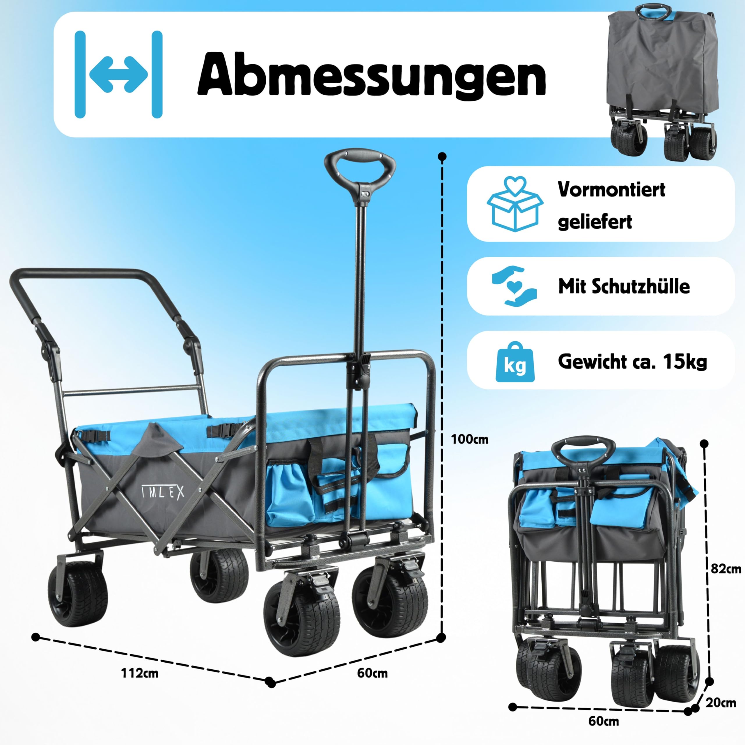 IMLEX Bollerwagen IM-4275 faltbar Azurblau Bollerwagen klappbar mit Schiebegriff Transportwagen mit 3-Punkt-Gurtsystem