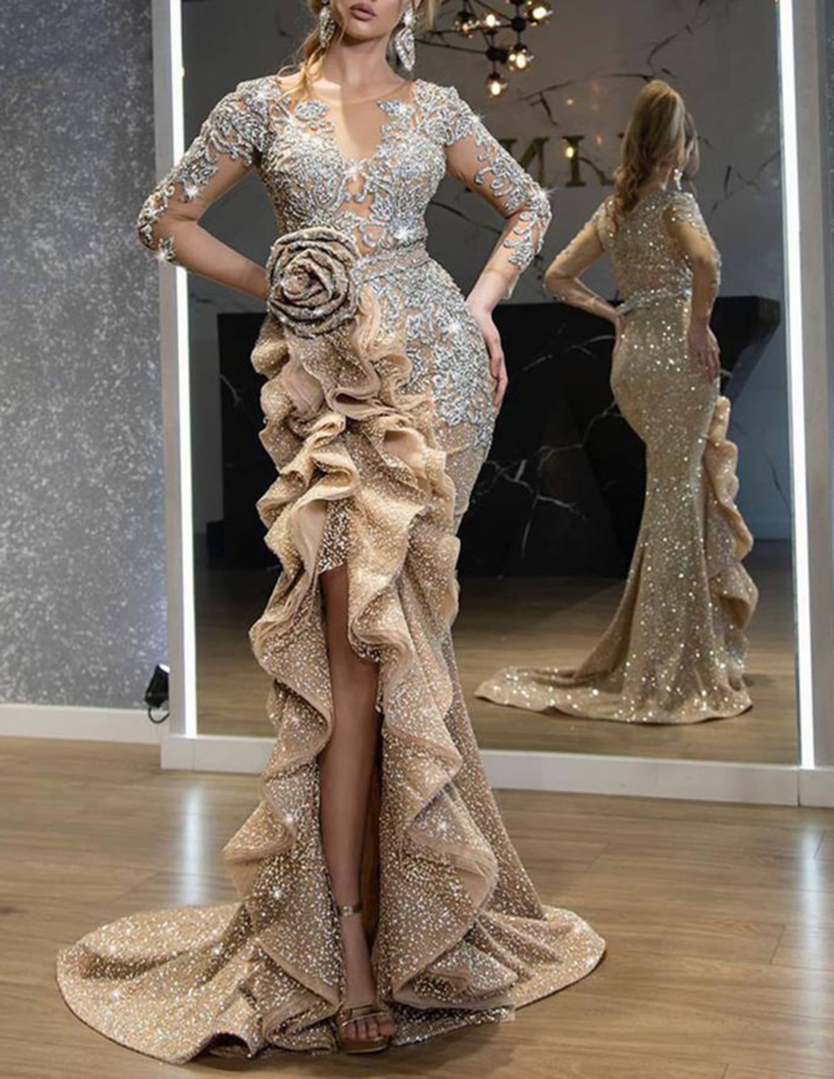 NLAVW Abendkleider für Damen, lang, figurbetont, mit Rüschen, formelles Kleid, Ballkleid, Seitenschlitz, Glitzer, Party, Abschlussball, Kleid, Kleider, reife Kleider