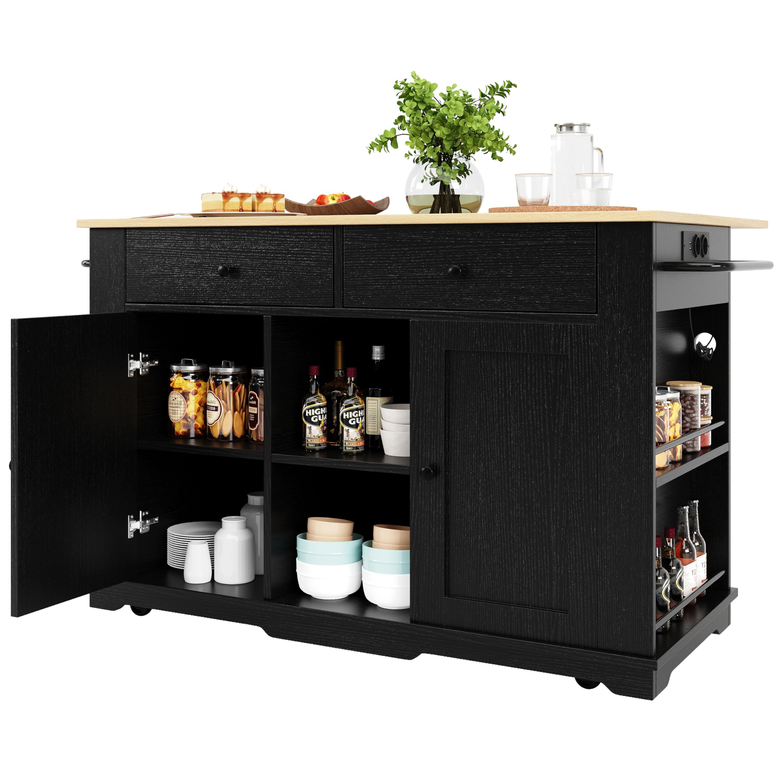 Merax Isla de cocina con encimera, carrito de cocina móvil equipado con regleta, armario buffet con 2 puertas, 2 cajones, estante para especias, toallero, 151,5 x 84,7 x 91,7 cm, color negro