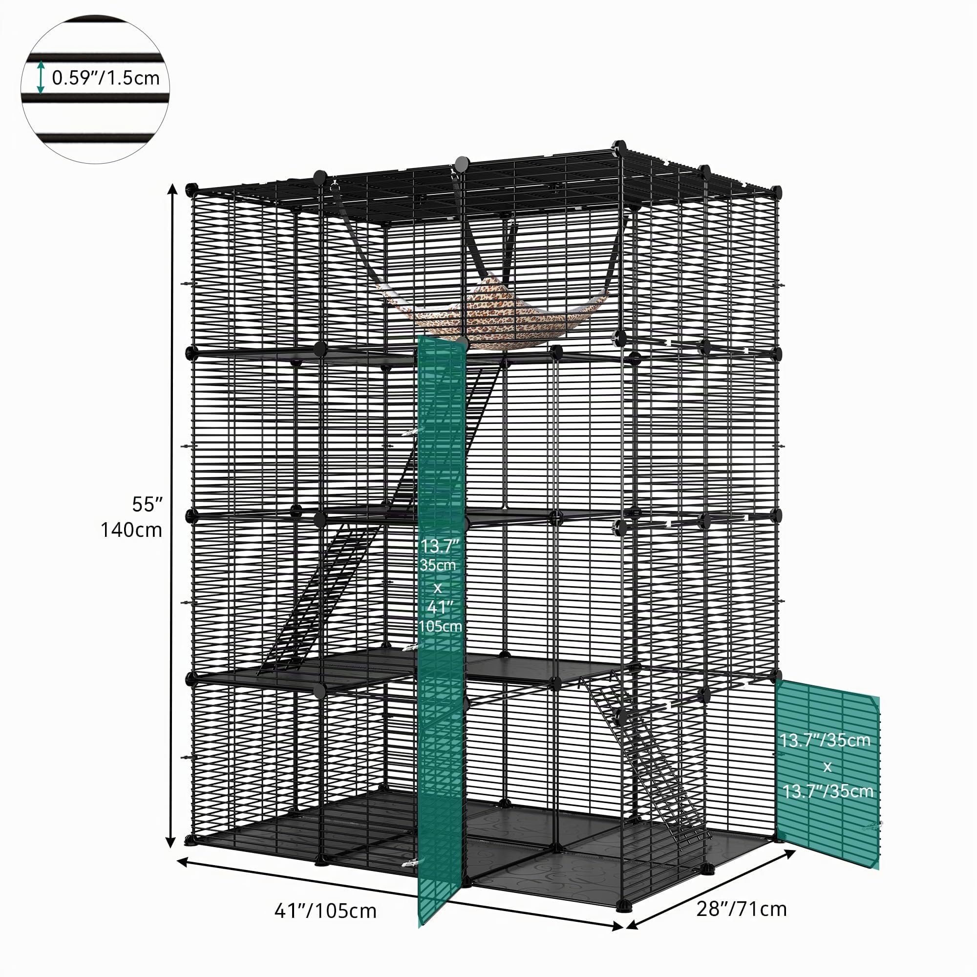 YITAHOME Jaula Grande para Gatos de 4 Niveles con Hamaca, 4 Puertas, 3 escaleras, para 1 a 3 Gatos, 104 x 72 x 140 cm