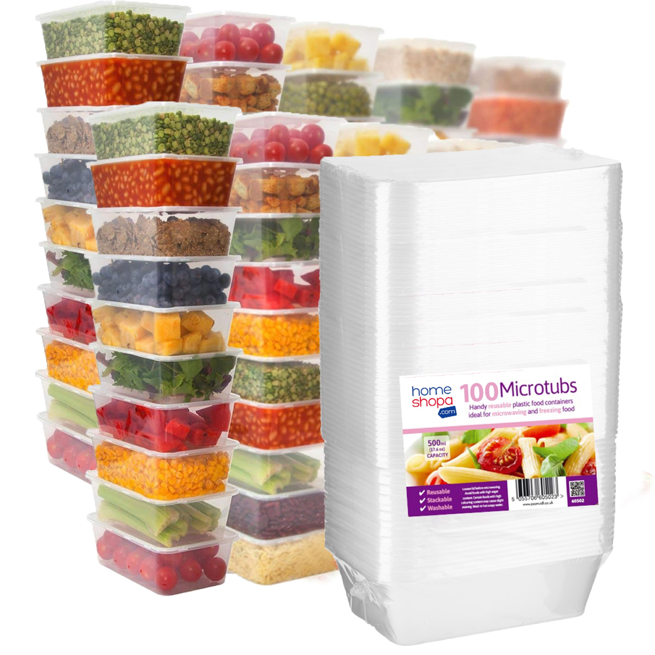 Homeshopa.com Homeshopa Plastic Food Storage Containers, 100 Pack 500Ml Clear Rectangular Microwave Takeaway Tubs With Lids, Bpa Free Stackable Airtight Reusable, Dishwasher & Freezer Safe