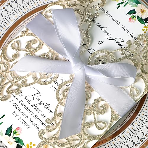 Miniatura 7 de Ponatia - 25 tarjetas de invitación cortadas con láser de 5.12 x 7.1 pulgadas con sobres para bodas, fiestas de compromiso, cumpleaños, Champán