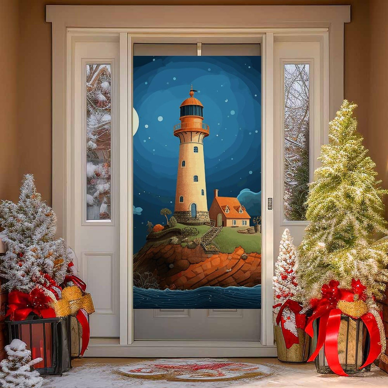 NONHAI Catoon Whale Lighthouse Door Cover Decoration Welcome Door Banner Porch Sign Photo Background DoorCurtains for Doorway Privacy Window Curtain Porch Cover Indoor Outdoor Decor 70.9x35.4in