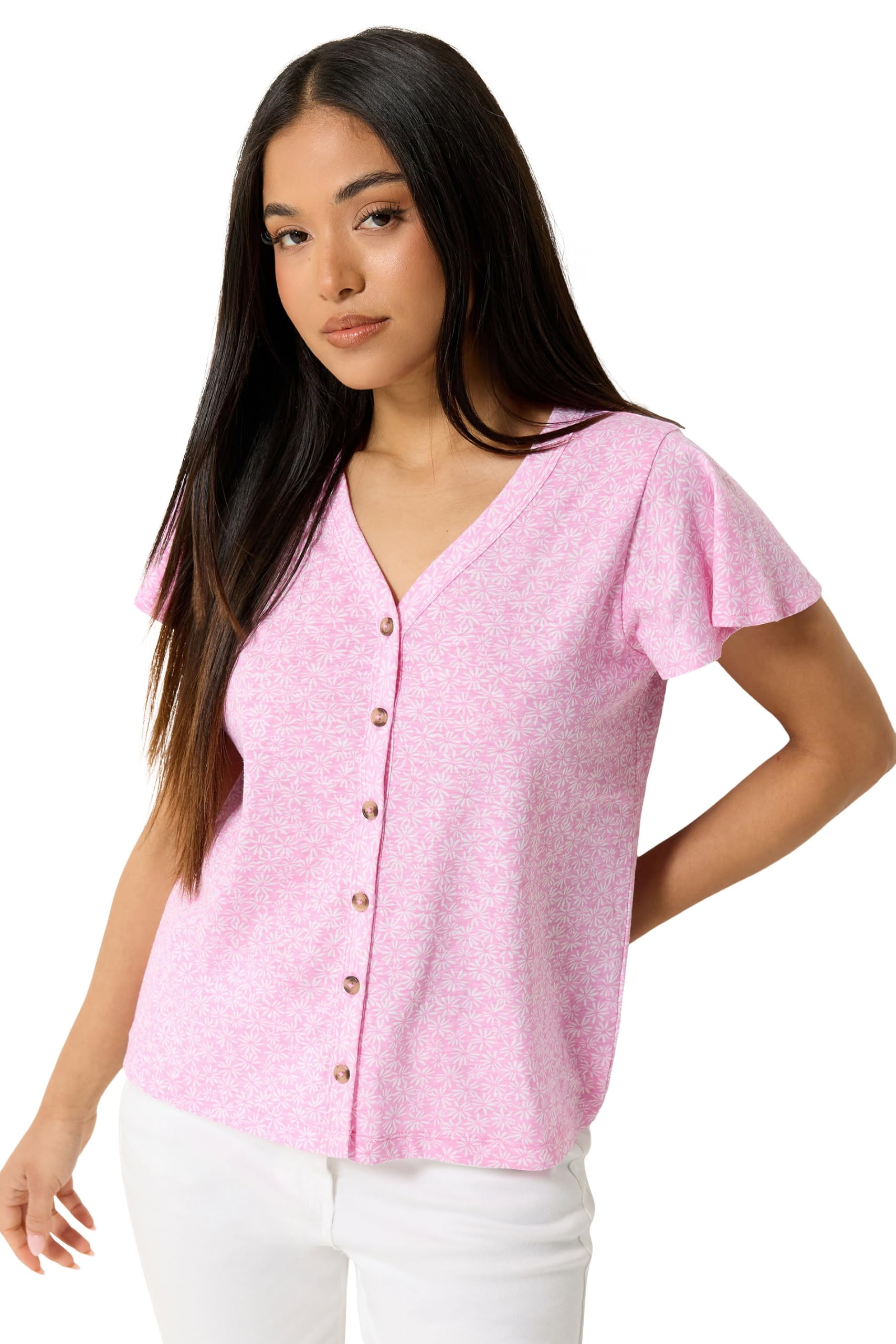 M&Co Women's Pink Petite Cotton Frill Sleeve Blouse In | : Size 14