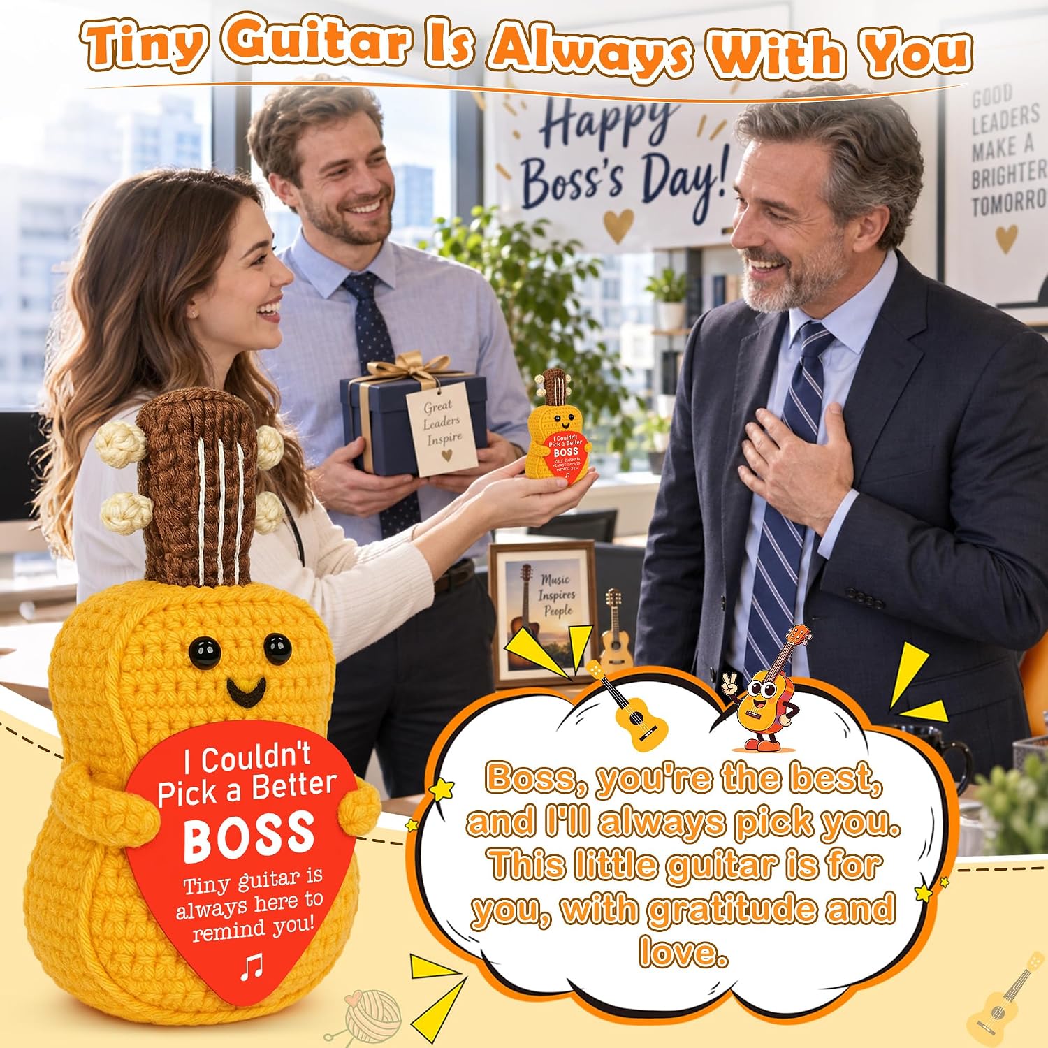 Bosses Day Gifts for Women Men, Boss Birthday Gifts for Female Male, Going Away Appreciation Gift for Supervisor Manager Leader from Employee, Funny Christmas Handmade Crochet Guitar for Music Lover image 2