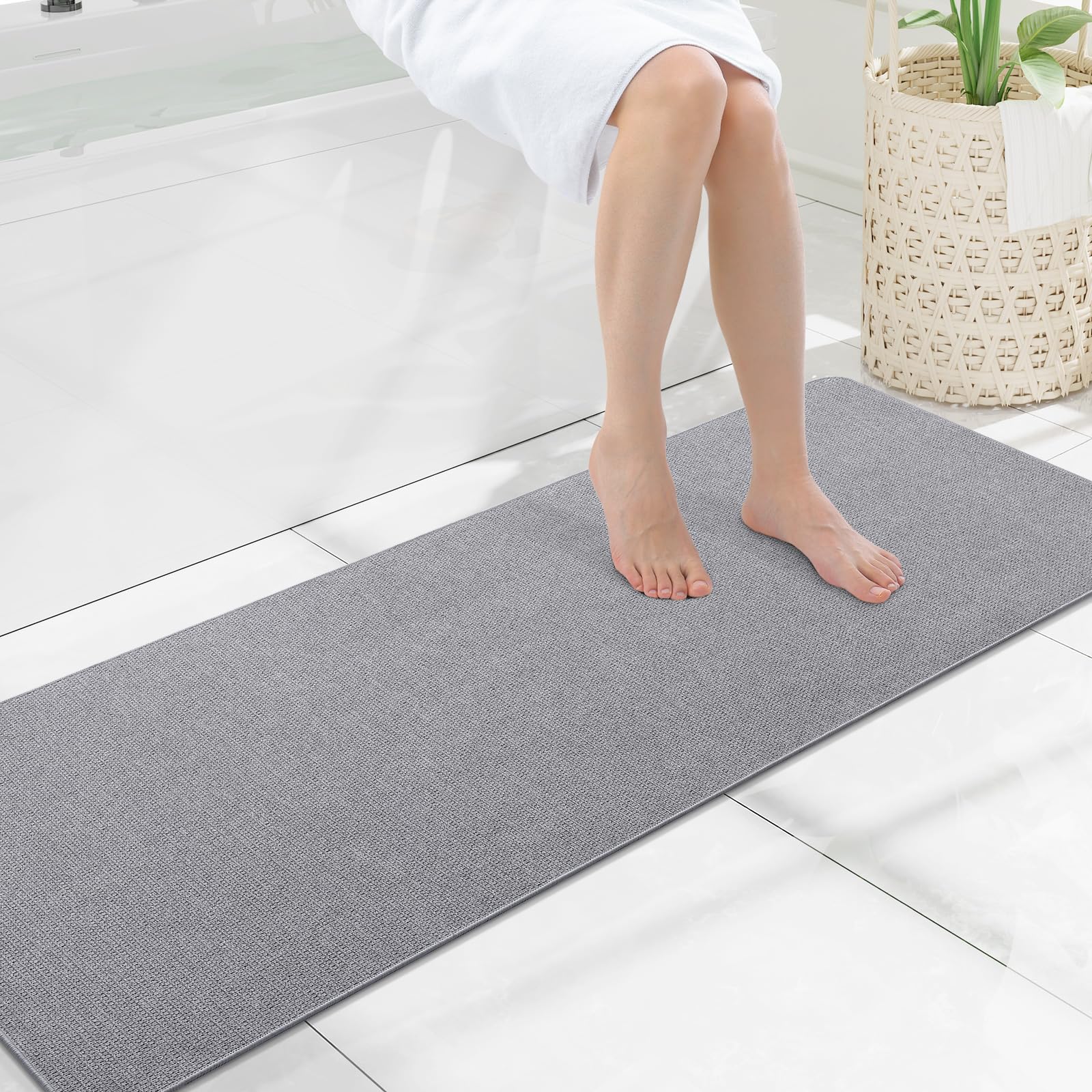 Smiry Ultra Thin Bath Mat 59x17, Non Slip Rubber Washable Bathroom Rugs
