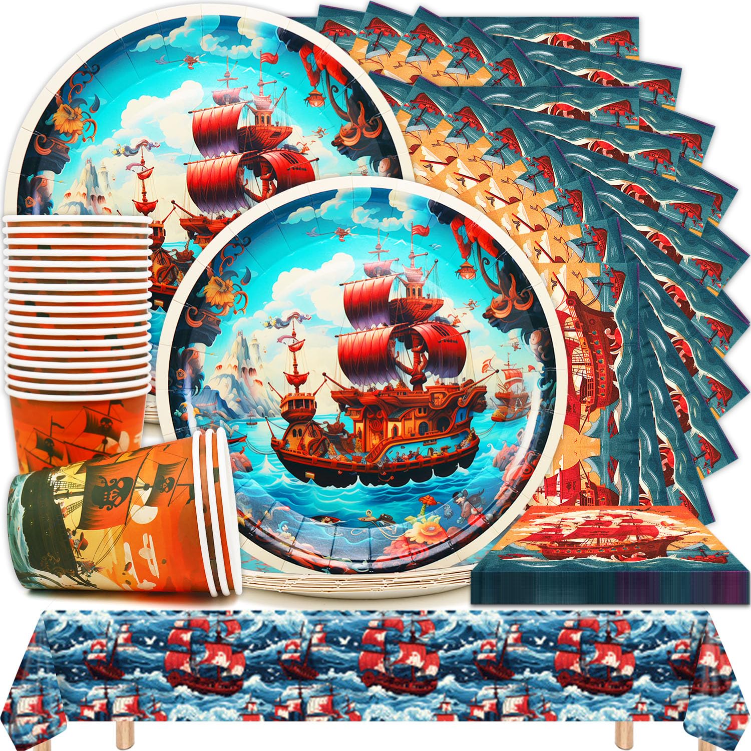 Compleanno Pirata Stoviglie,61 Pezzi Stoviglie Pirata per Feste,Feste Decorazione per Tema Pirata,Kit Compleanno Pirata conTazza,PiattoTovaglioli,Tovaglia per 20 Ospiti