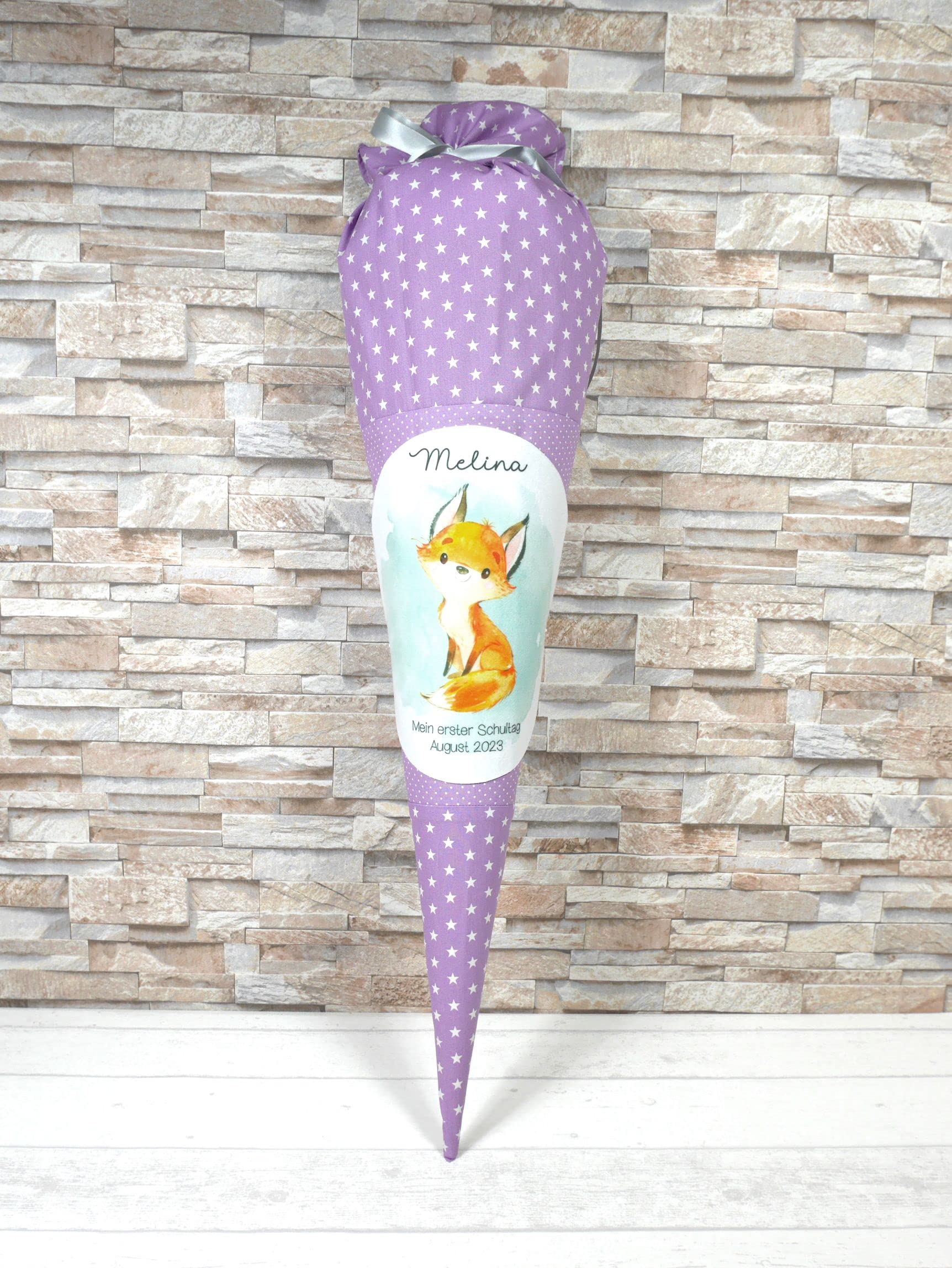 Schultüte aus Stoff flieder mit Name Fuchs Zuckertüte 70cm oder 85cm lila