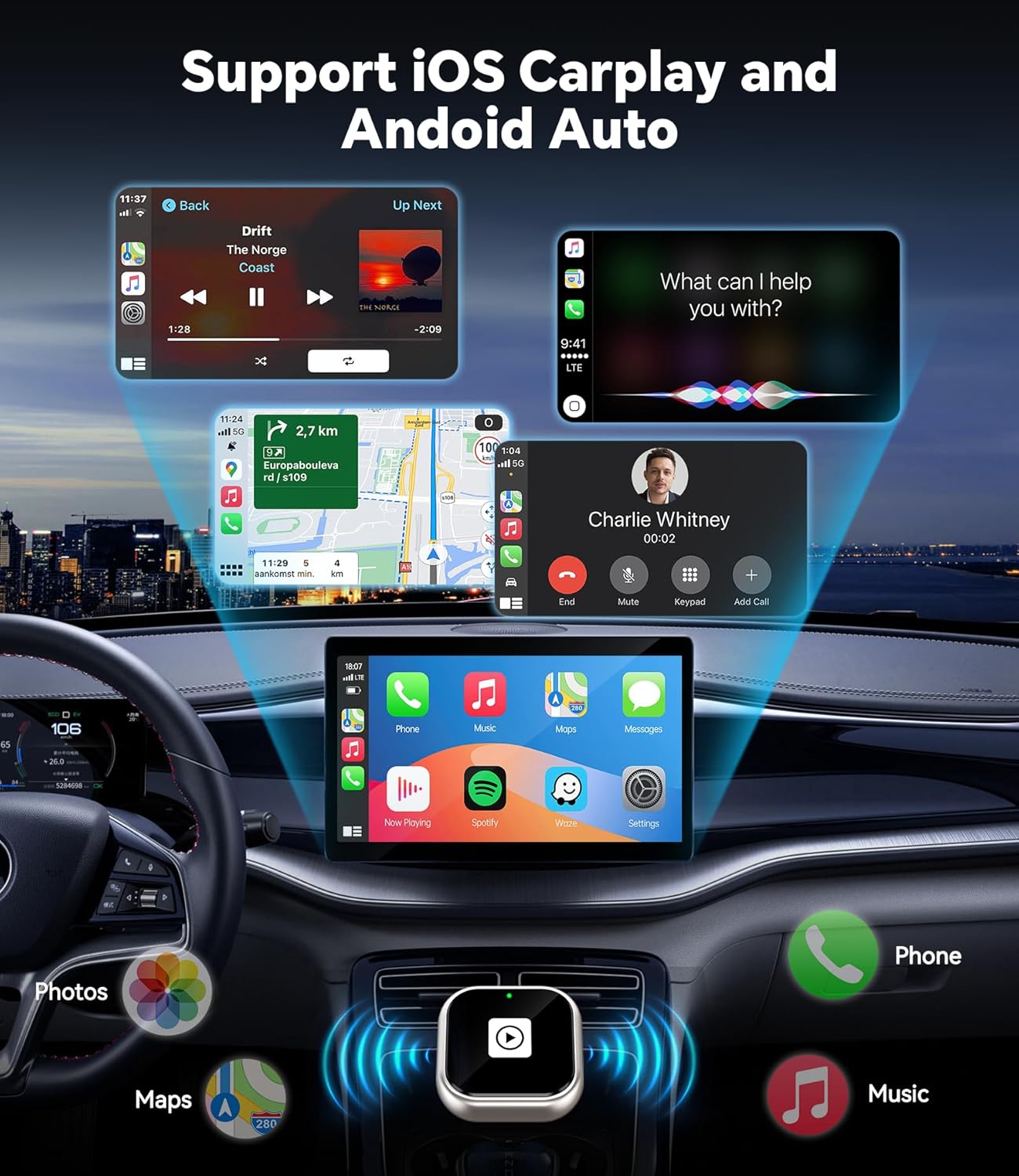 Close-up of the ENOMIR Wireless CarPlay Adapter highlighting its internal components, labeled 5.8GHz Wi-Fi and V5.2 Bluetooth, indicating fast and stable transmission.