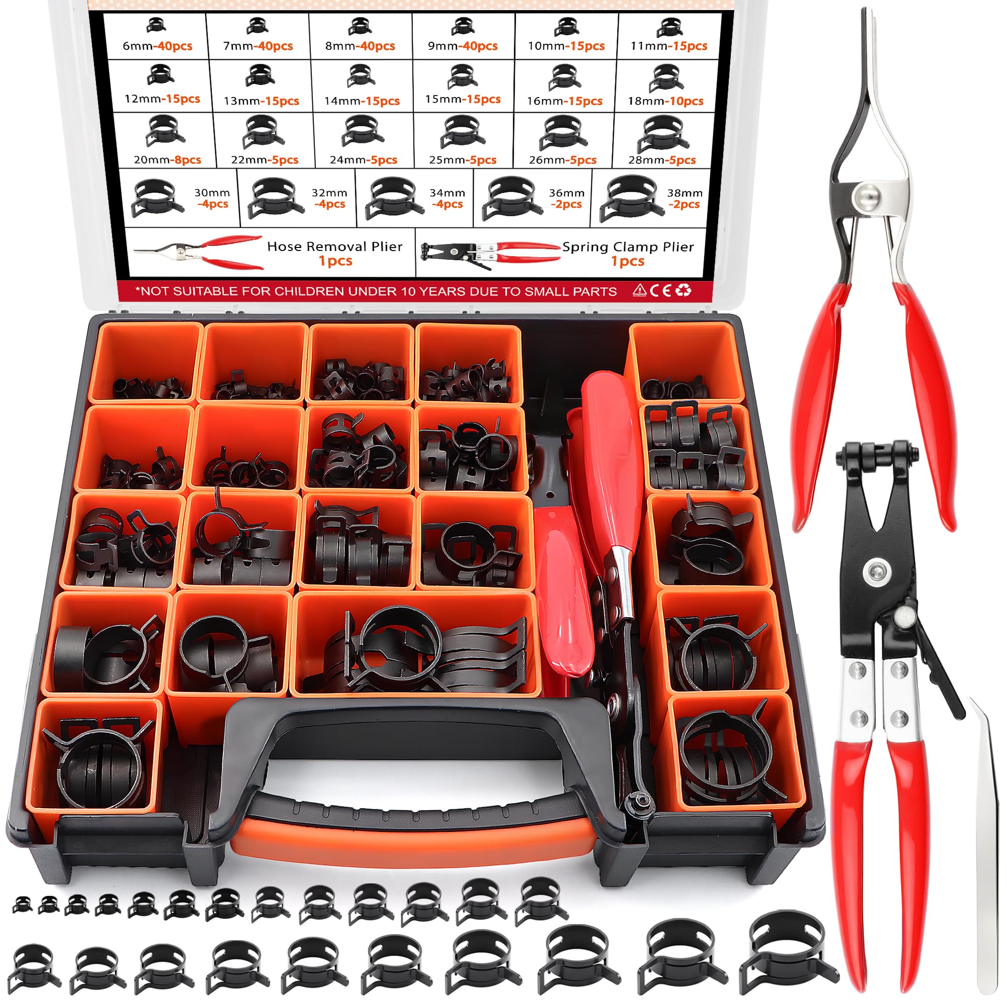324Pcs 65Mn Steel Spring Band Hose Clamp Kit - 23 Sizes (6-38mm) Constant Tension Pipe Clip with Swivel Jaw &amp; Hose Removal Pliers, Tweezers for Fuel Line, Coolant, Vacuum, Silicone Hoses &amp; Air Tube