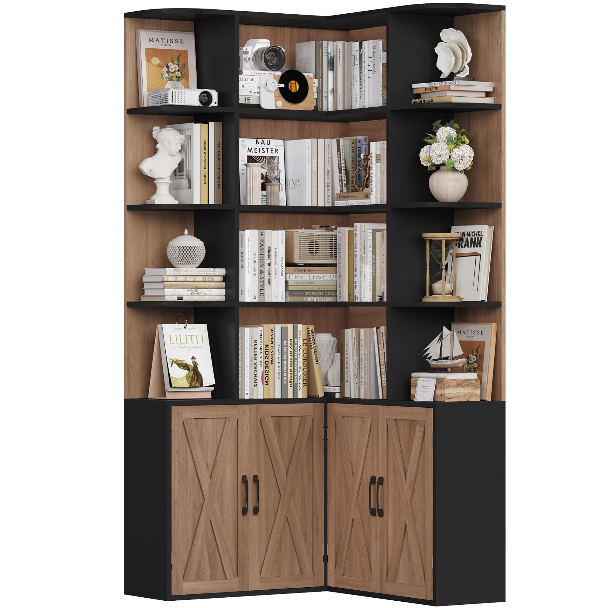 FirFurd 187cm Bücherregal mit Türen， Eckregal mit 12 Fächern L-förmiger | Bücherschrank mit Türen, Bücherregal, Hochschrank Regal für Wohnzimmer, Büro, Arbeitszimmer, 187x80x80cm