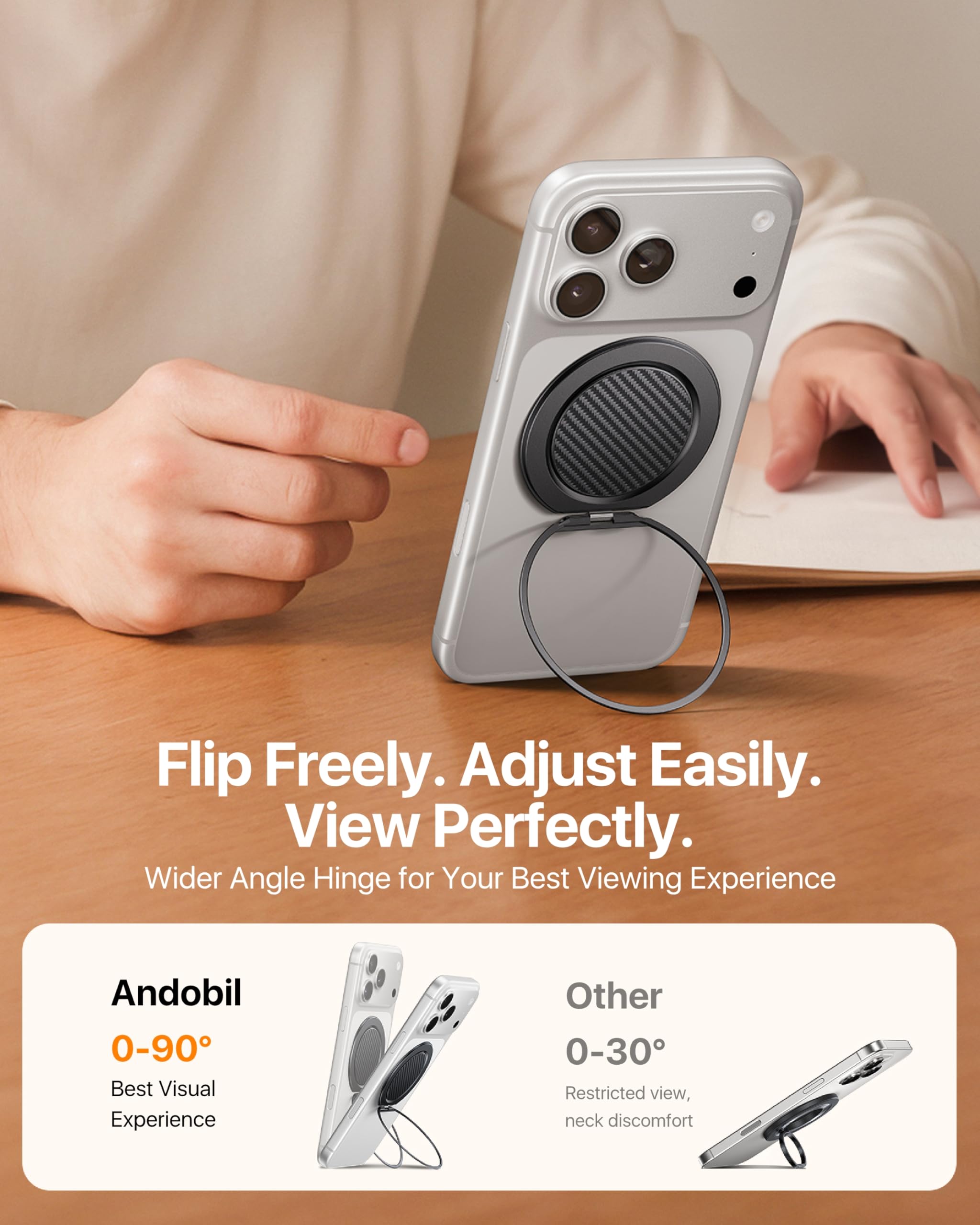 andobil [2026 Ultra-sottile] Impugnatura magnetica per telefono [rotazione a 360°] Supporto magnetico ad anello per cellulare e cavalletto