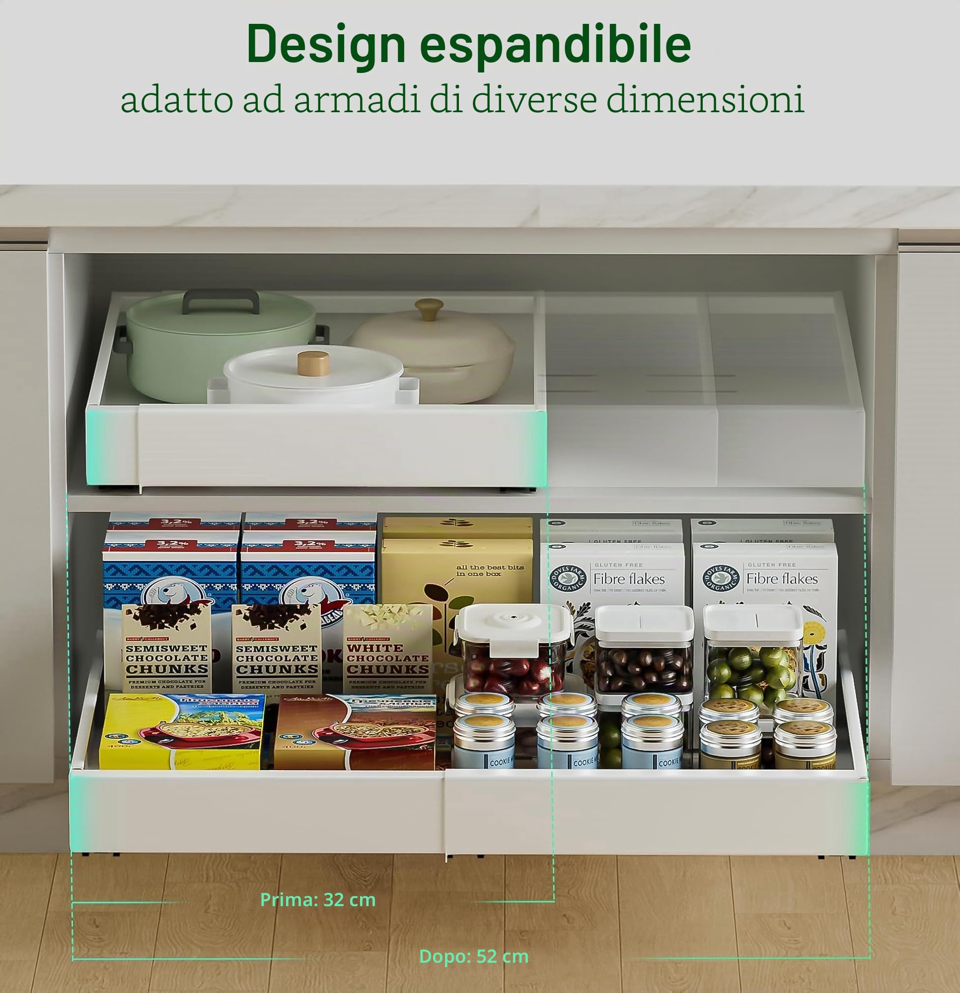 Cassetti Estraibili Per Cucina 2 pezzo, Cassetto Estraibile Cucina A Larghezza Regolabile, Cassetto Telescopico Cucina, Cassetti Scorrevoli Per Cucina (Bianco 32-52cm)