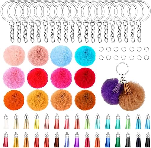 BetterJonny - 150 borlas de piel sintética, 30 llaveros de pompones multicolor de 2.4 pulgadas, 30 borlas, 30 llaveros con 60 anillos abiertos para BetterJonny - 150 borlas de piel sintética, 30 llaveros de pompones multicolor de 2.4 pulgadas, 30 borlas, 30 llaveros con 60 anillos abiertos para