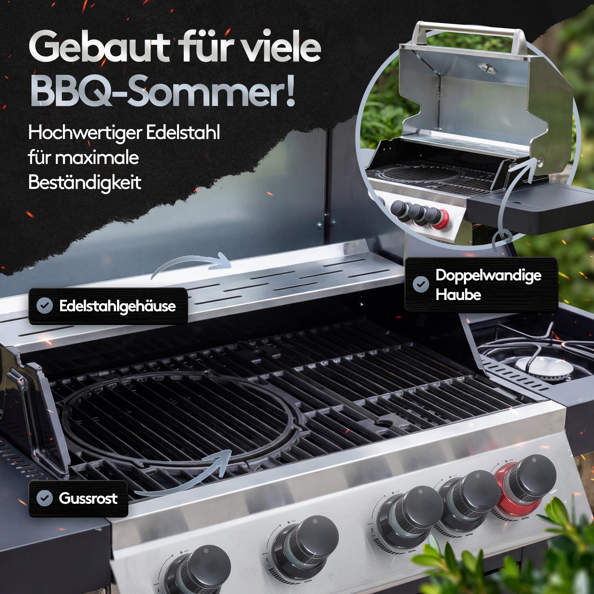 Profi Gasgrill 4 Brenner + Seitenkochfeld – 17kW Gesamtleistung, LED-Knöpfe – Hochwertiger BBQ Grillwagen mit Deckel - Gusseisenrost & Warmhalterost