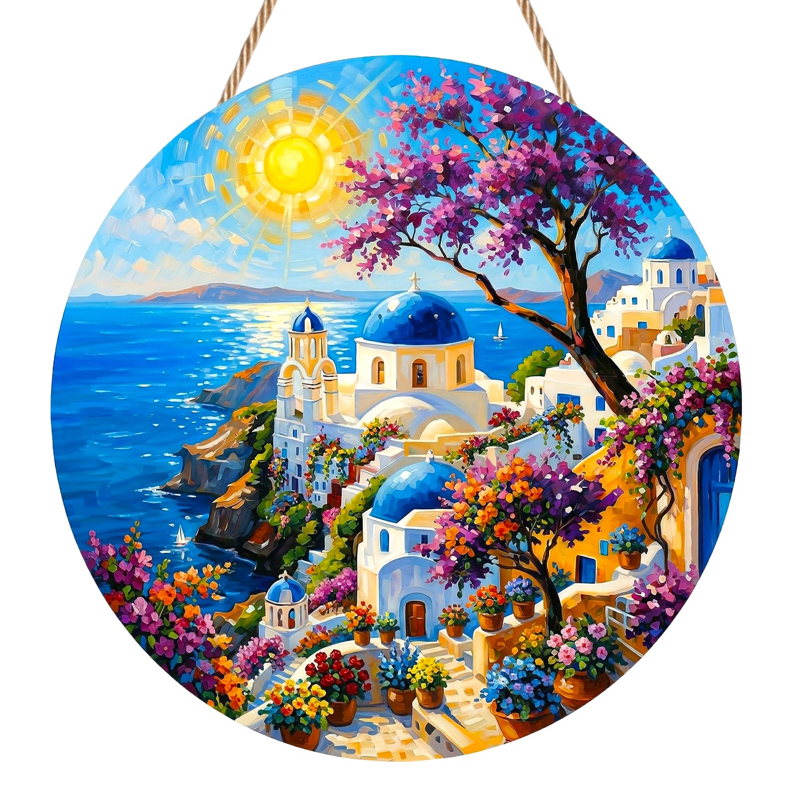 Sun Catchers for Windows, Santorini Stained Glass Suncatchers for Windows, Whitewashed Buildings Blue Dome Window Hanging for Home Window, Island Village Garden Ornament
