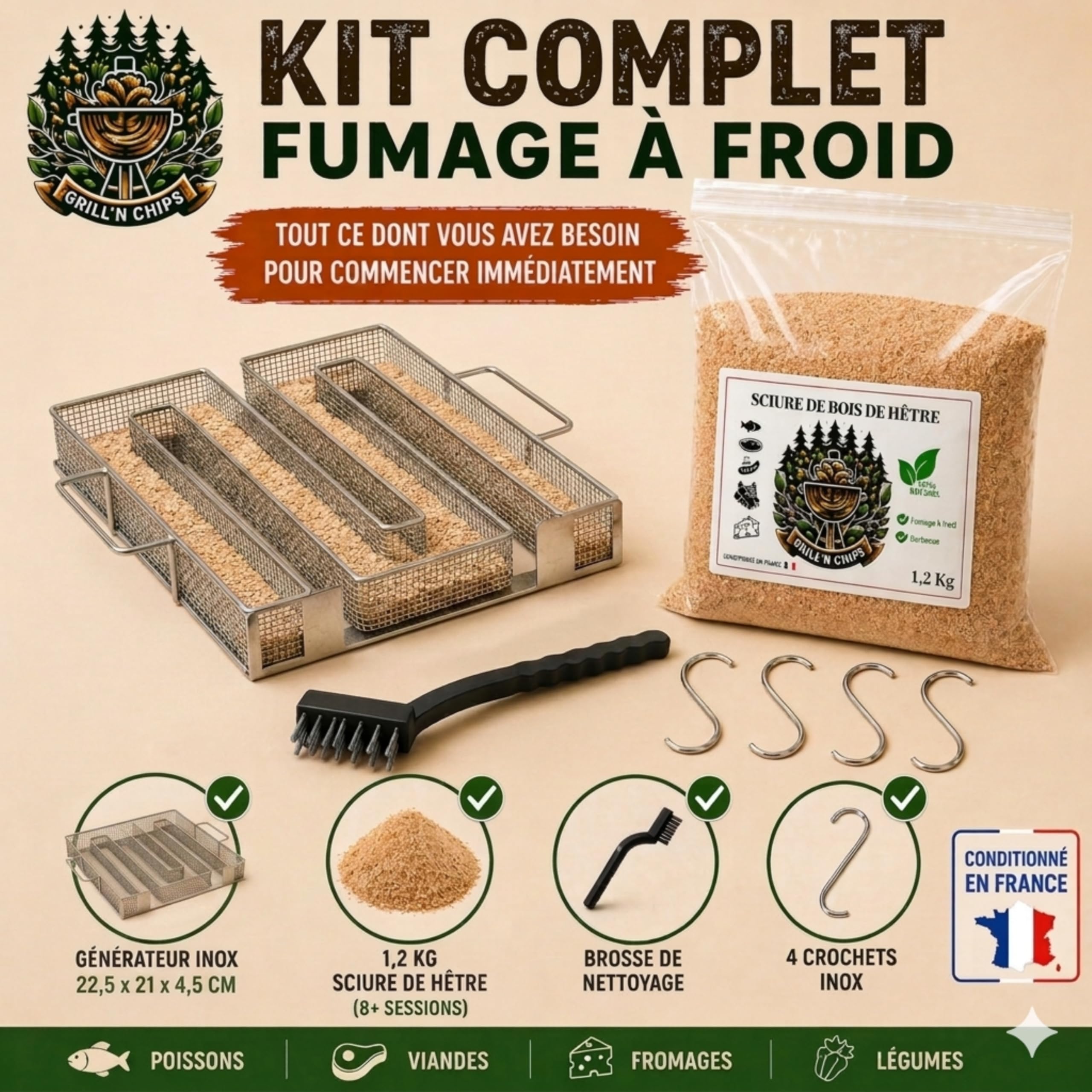 Générateur/Serpentin de Fumée Froide pour Fumoir Viande et Poisson + 1.2kg de Sciure de bois de hêtre + 4 crochets et 1 Brosse de nettoyage - Guide Numérique PDF à Télécharger (Offert)
