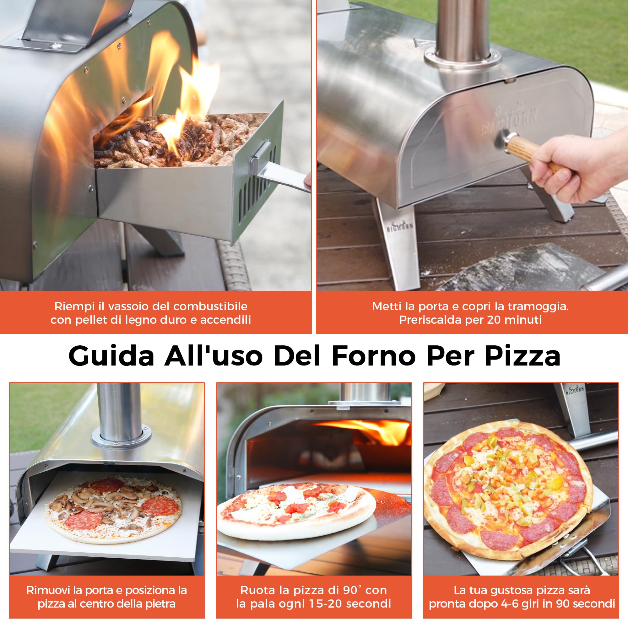 BIG HORN OUTDOORS Forno a Pellet per Pizza 12 Pollici, Portatile con Pietra Refrattaria, Acciaio Inox
