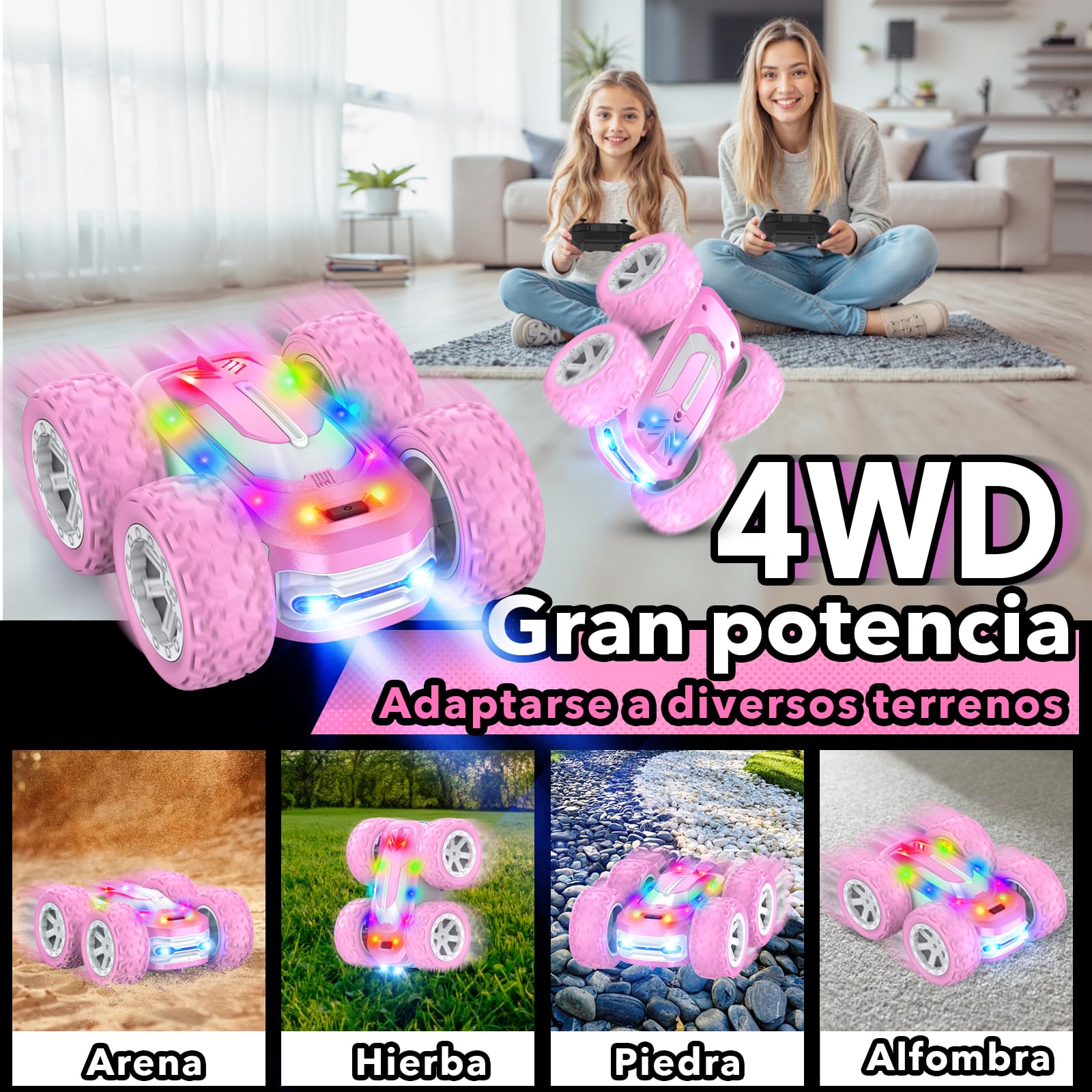 Coche Teledirigido Niña, Carro Telecomandado Coches Acrobatico Juguete Niñas 8-12 años,Coche Radiocontrol con Bateria, Rotación 360° y Luz,Rosa RC remote Car Cumpleaños Navidad Regalo para Niñas Niños