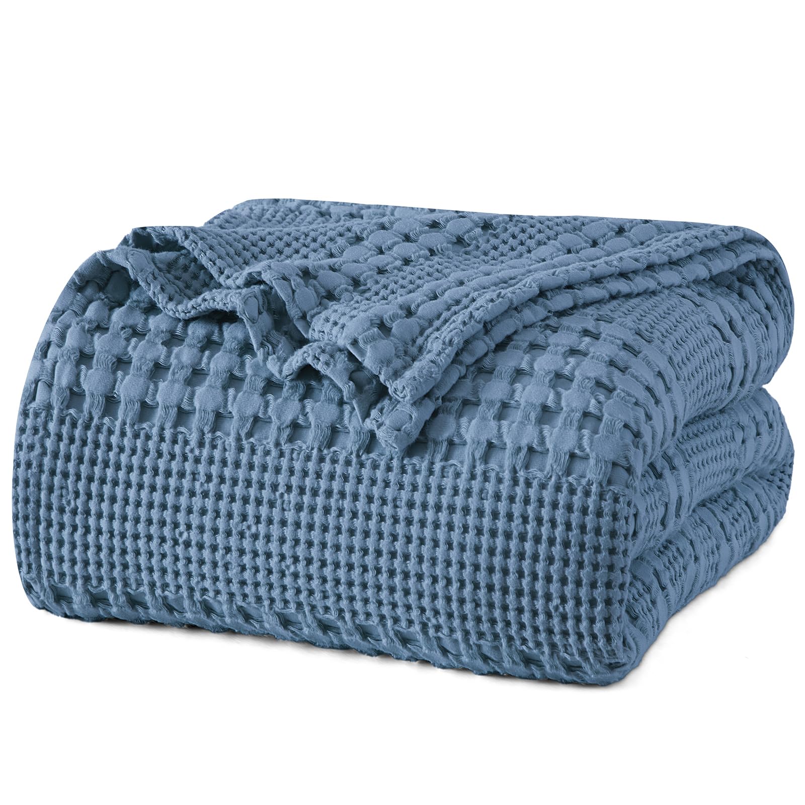 phf 100% cotton waffle weave blanket queen size for bed, soft lightweight & breathable for spring and summer, all-season comfort, luxury aesthetic blanket for home decor, 90"x90", denim blue