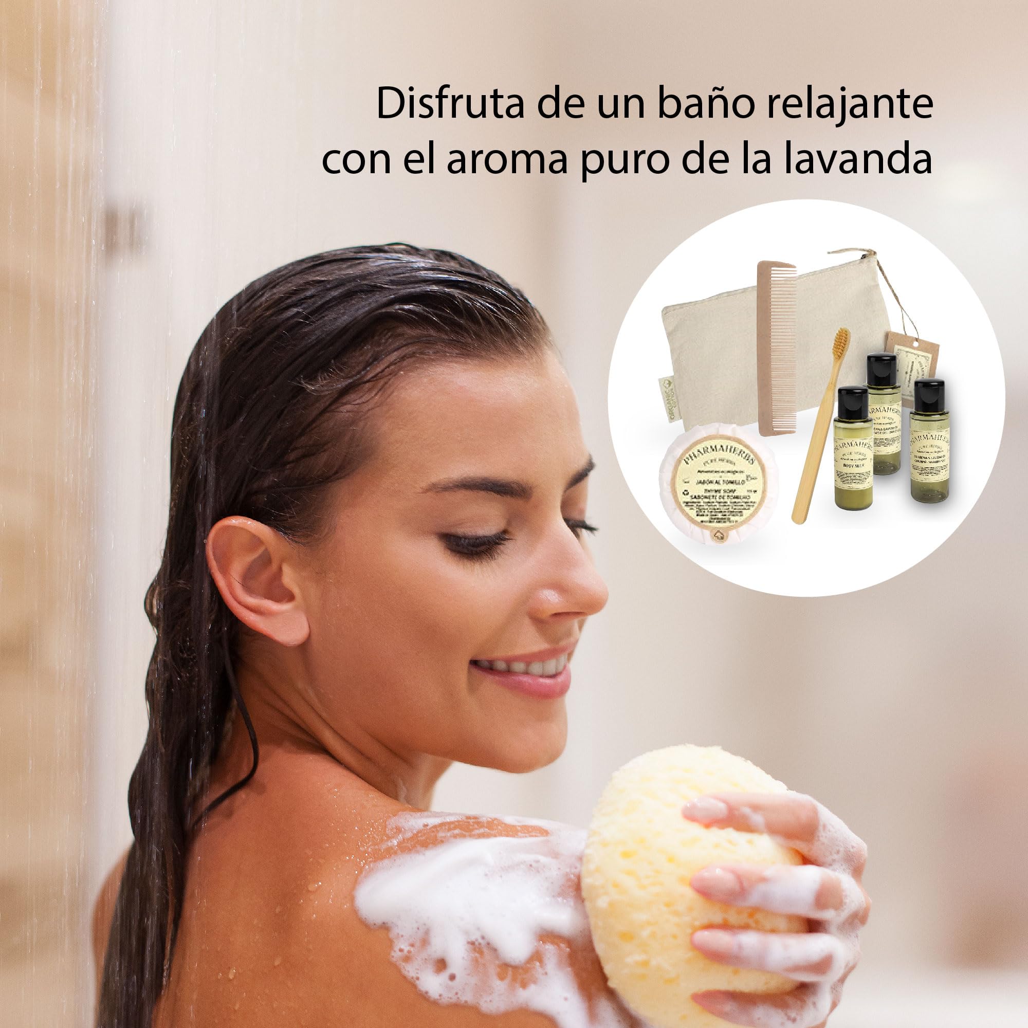 Pack de 50 Kits Completo en Neceser de Algodón - Incluye Gel, Champú, Body Milk, Jabón, Cepillo Dental de Bambú y Peine Biodegradable, Ideal para Hoteles y Viajes