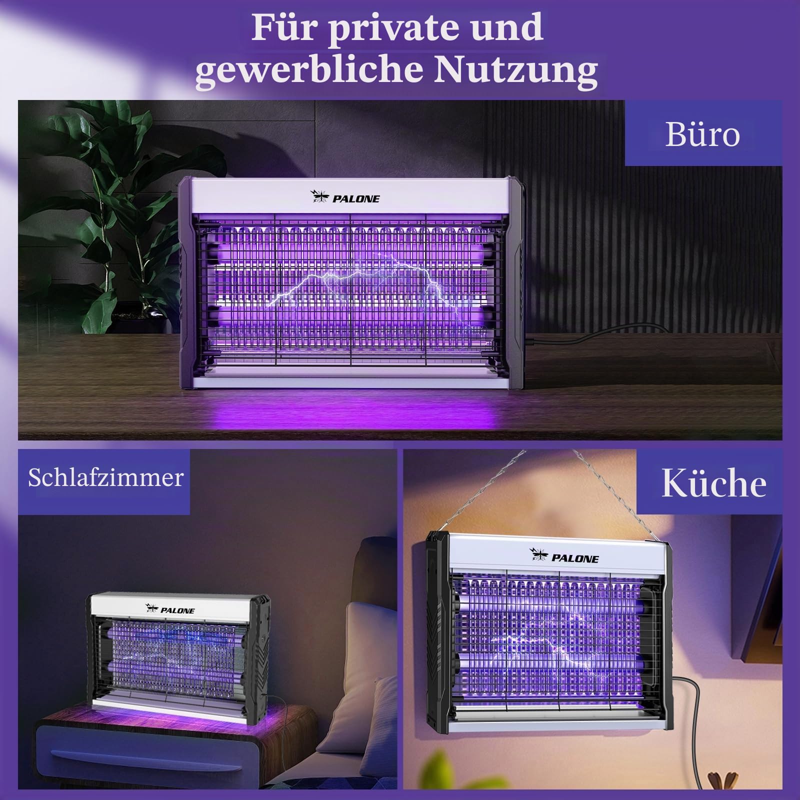 PALONE Insektenvernichter Elektrischer 3200V, Dual-Band Anziehun UV LED Bug Zapper USB Wandmontierter Mückenlampe mit Kabel Elektrische Fliegenfalle für Innen, Insektenlampe Gegen Mücken, Fliegen