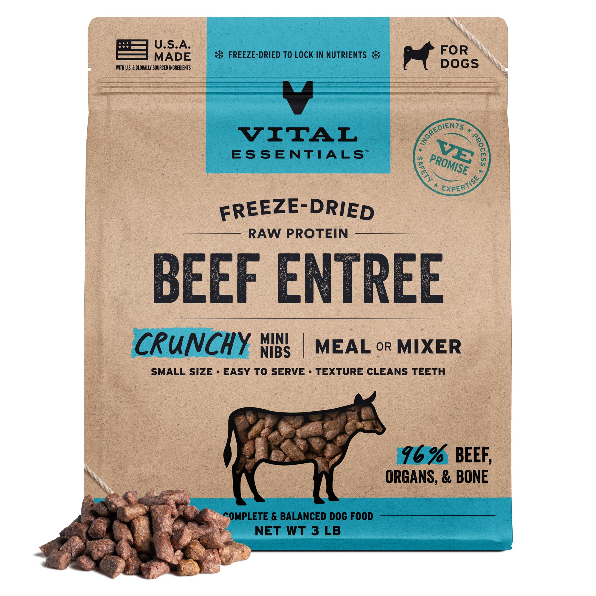 Vital Essentials Freeze Dried Dog Food, Beef Crunchy Mini Nibs, 3 lb Bag
