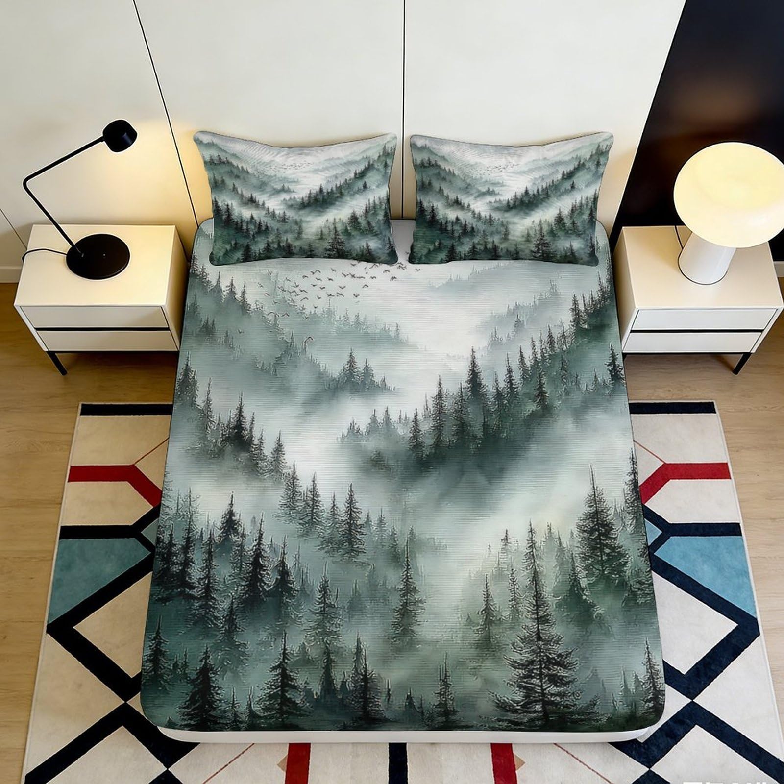 3D Printed Misty Forest Fitted Sheet Microfiber Soft Breathable Foggy Pines Mattress Cover for Bedroom Dormitory Guest Room Protection Decor 140x200x25cm