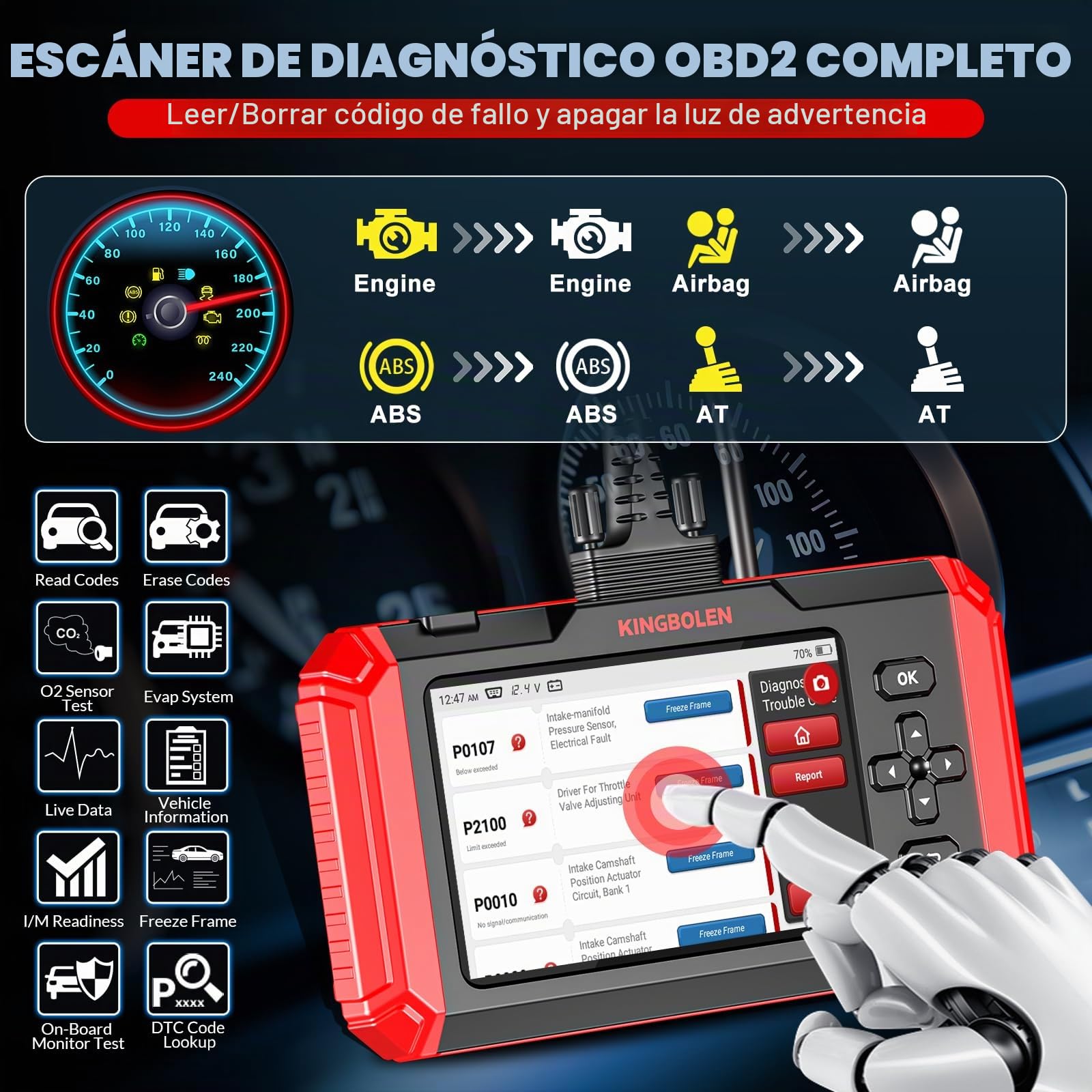 KINGBOLEN Escáner OBD2 S800 Escáner de Coche, Herramienta de Diagnóstico OBD2 con 15 Reinicios, Servicio de Aceite, Freno y Acelerador, Lector de Códigos de Motor, ABS, SRS y Transmisión, Prueba de