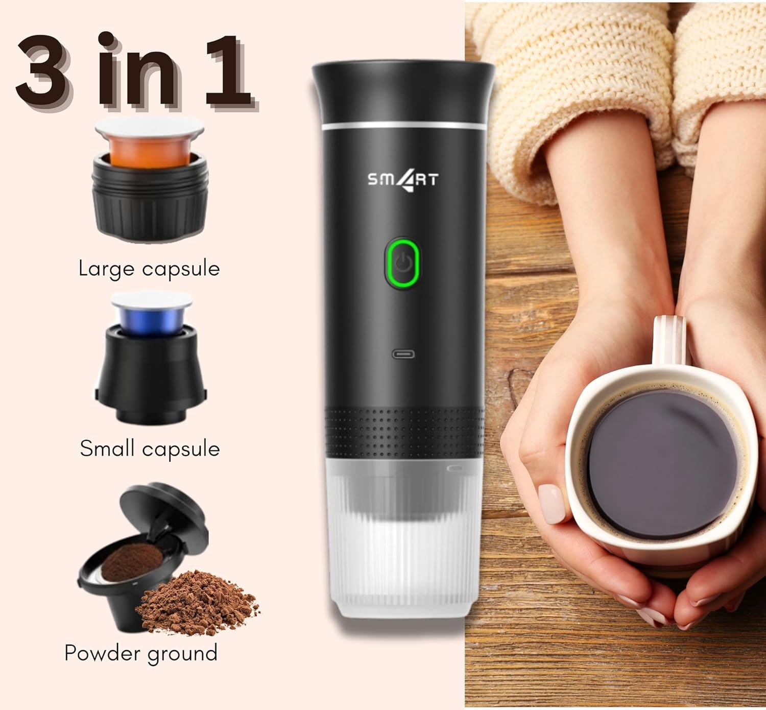 Sm4rt Battery Operated Coffee Maker, 3 in 1 Portable Coffee Maker, 12v Coffee Maker for Car, Cafetera Portable, USB Espresso, Travel Espresso Maker, NS Capsule, Dolce Gusto, Ground Powder (Black)