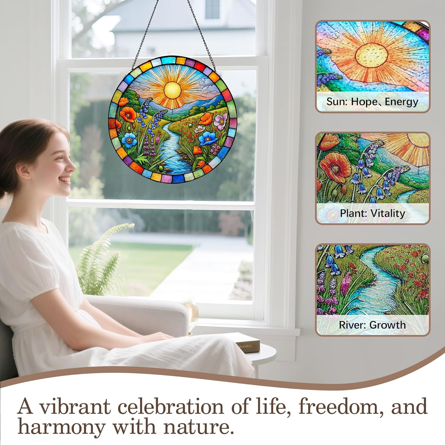 Stained Glass Window Hanging, Scenery Sun Catchers Stained Glass Panels for Indoor Windows Wall Art Decor, Birthday Gift for Mom Women Wife Men Lovers (11.8inch)