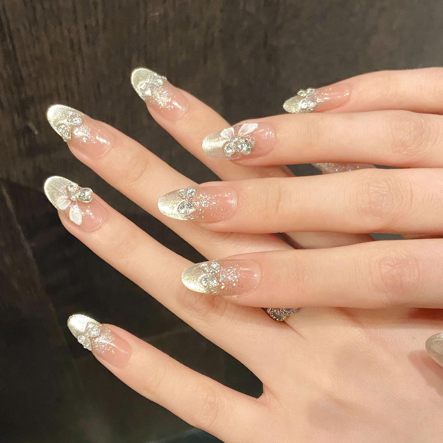 Handmade Blush Ombre Cat Eye Press On Nails with 3D Butterfly & Crystal Stack Application Kit Included (XS,1385-Middle Oval)