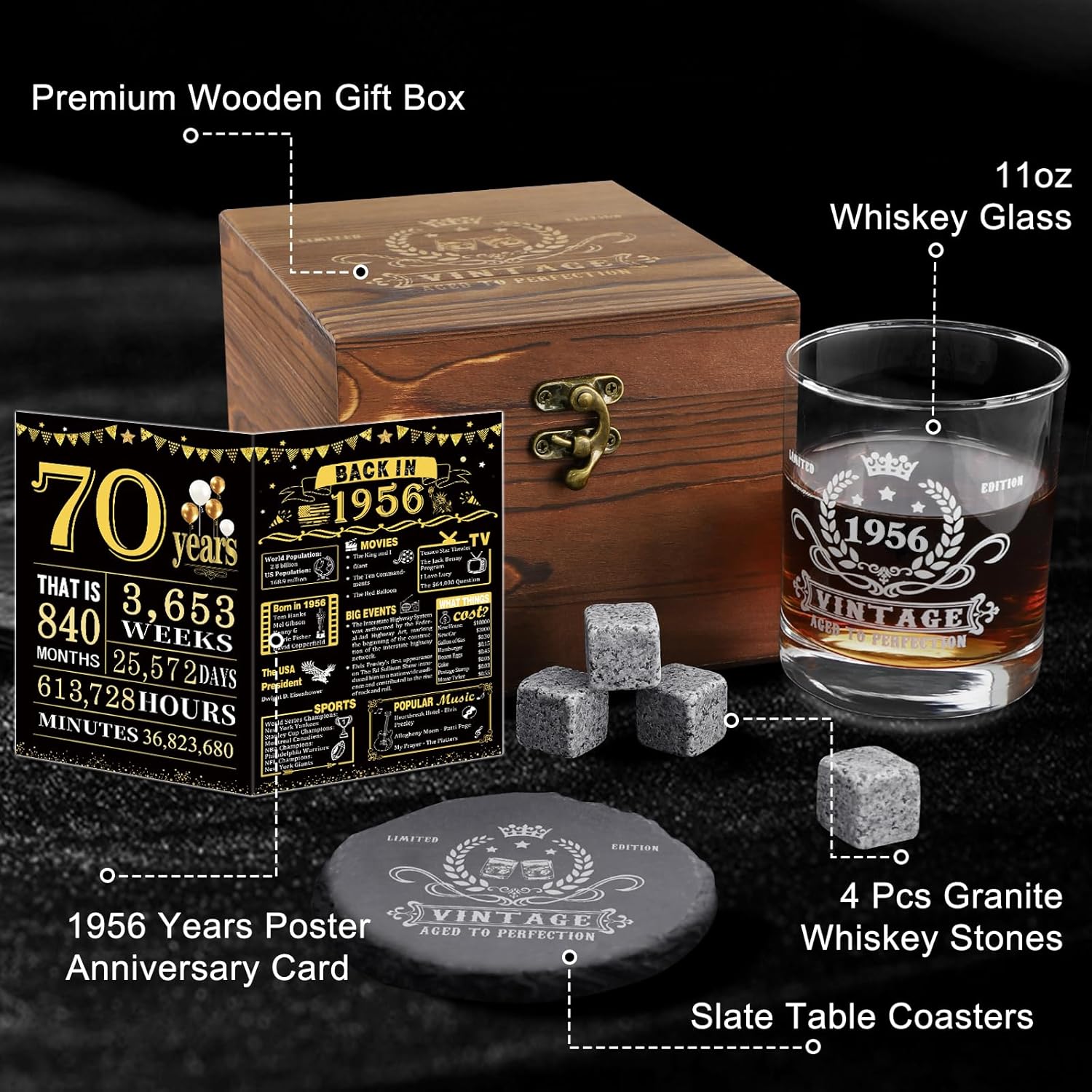 YeohJoy 70th Birthday Gifts for Men,Vintage 1956 Whiskey Glass Set,Wood Box & Whiskey Stones & 1956 Poster Anniversary Card & Coaster,Birthday Gifts Ideas for Him,Husband,Dad - Image 2