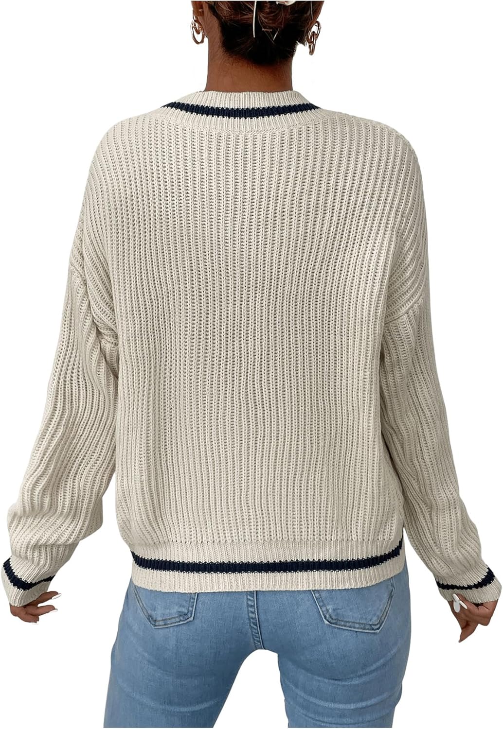 SHENHE Women's V Neck Ribbed Knit Long Sleeve Drop Shoulder Pullover Sweater Tops - Image 2