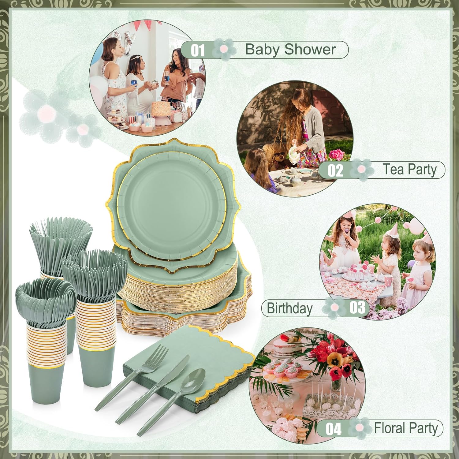Hsei 350 Pcs Sage Green and Gold Foil Plates and Napkins 50 Guest Spring Party Supplies Include Gold Foil Scalloped Paper Plates Napkins Cups Plastic Spoons Forks Knives for Birthday Baby Shower