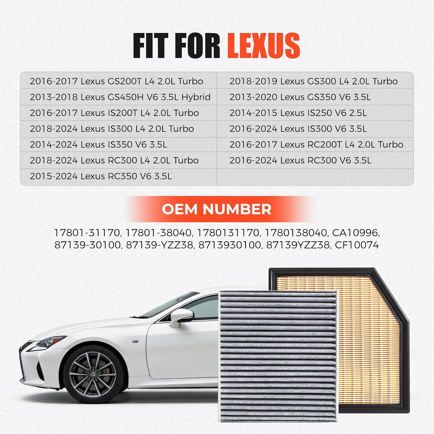 17801-31170 engine & cabin air filter compatible with lexus gs200t gs300 gs350 gs450h is200t is250 is300 is350 rc200t rc300 rc350 2013-2024 replaces 87139-30100 17801-31170