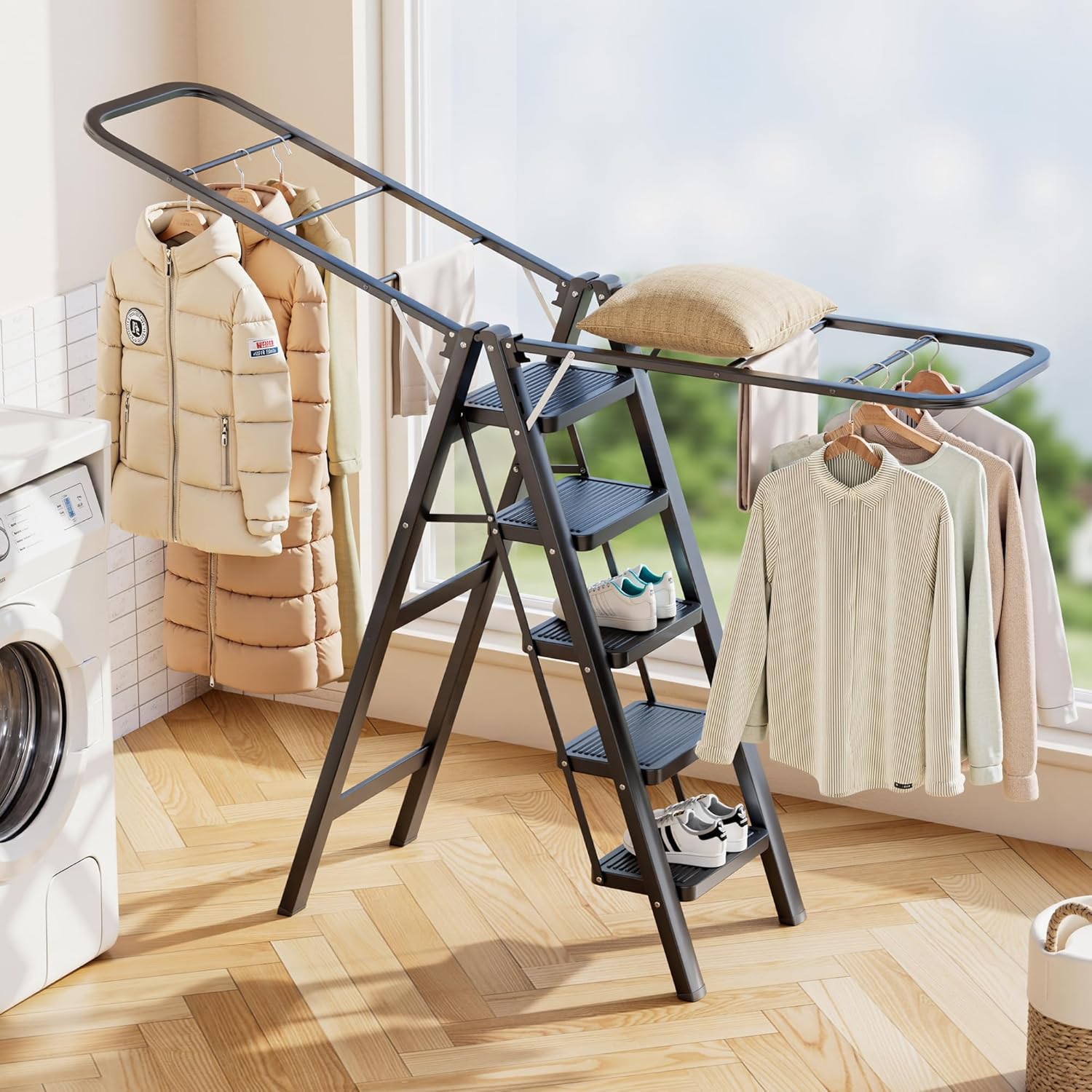 Standing Clothes Drying Rack, 5 Step Folding Ladder, 3-in-1 Collapsible Laundry Hanger Rack with Shoe Rack, Adjustable Angle for Living Room Bedroom Bathroom Home Decor