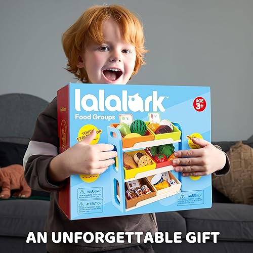 Miniatura 7 de lalalark Juego de comida para niños pequeños, juego de tienda de comestibles para niños, juguete de cocina con estantes de almacenamiento y 6 cajas,