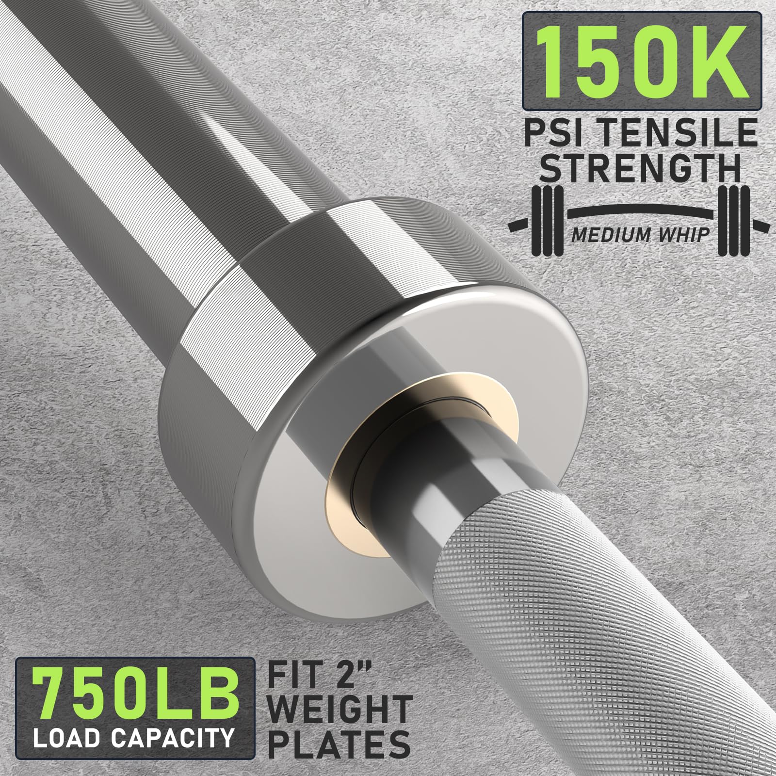 PhysKcal Bilanciere olimpico da 220 cm e 20 kg per dischi da 50 mm, lucido | Standard IWF, portata 750 libbre, doppia zigrinatura, bilanciere da uomo per WOD, sollevamento pesi e usi vari