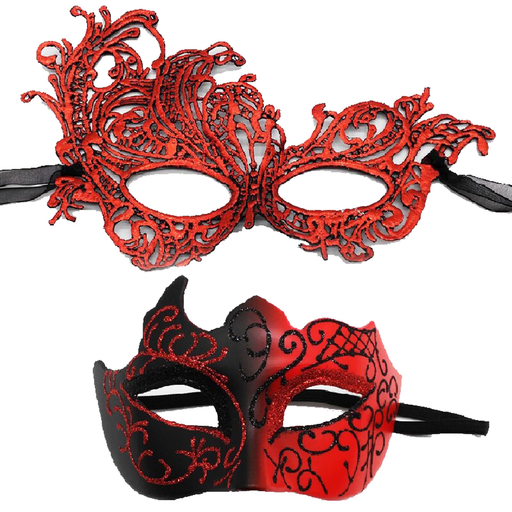 HeHeGe 2 Pcs Masquerade Mask, Lace Half-FaceMasks, Masquerade Masks for Couples,Sexy Venetian Carnival Masks, for Masquerade Venetian Carnival Party Dress Halloween Masks (red)