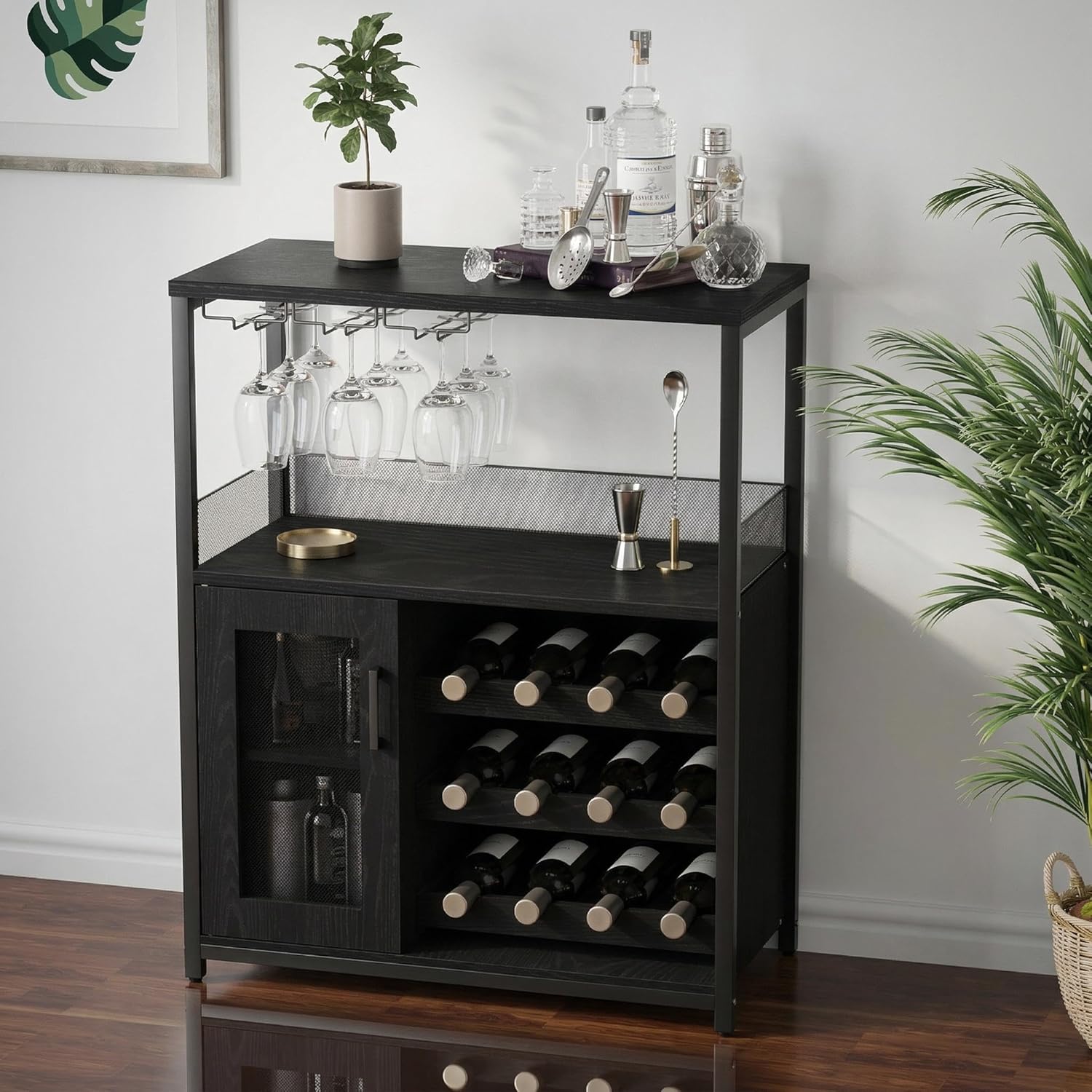 Mueble Barra de Vino, Gabinete con Estante Ajustable, Negro