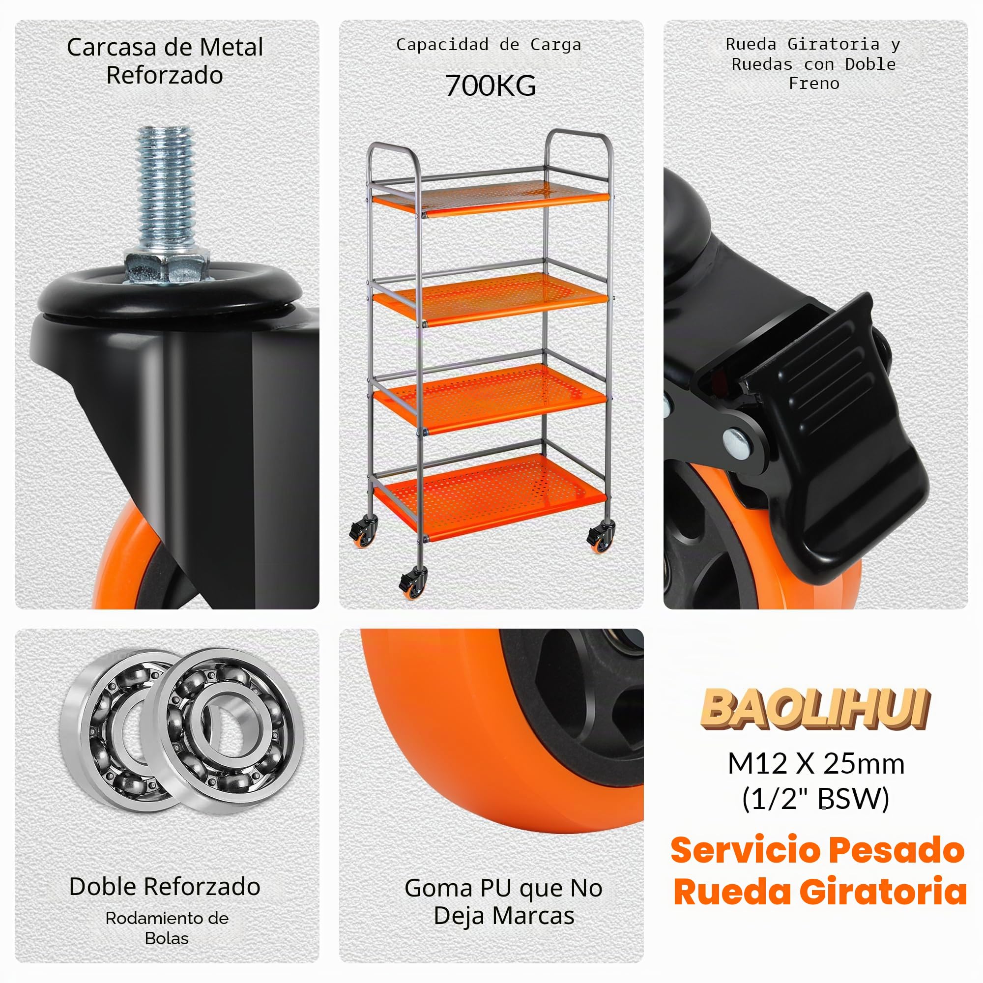 ¢125mm Ruedas Giratorias con Vástago 12mm×25mm(1/2"-12UNC) Ruedas para Muebles Pesados Naranja Ruedas con Tornillo Capacidad 700KG Total